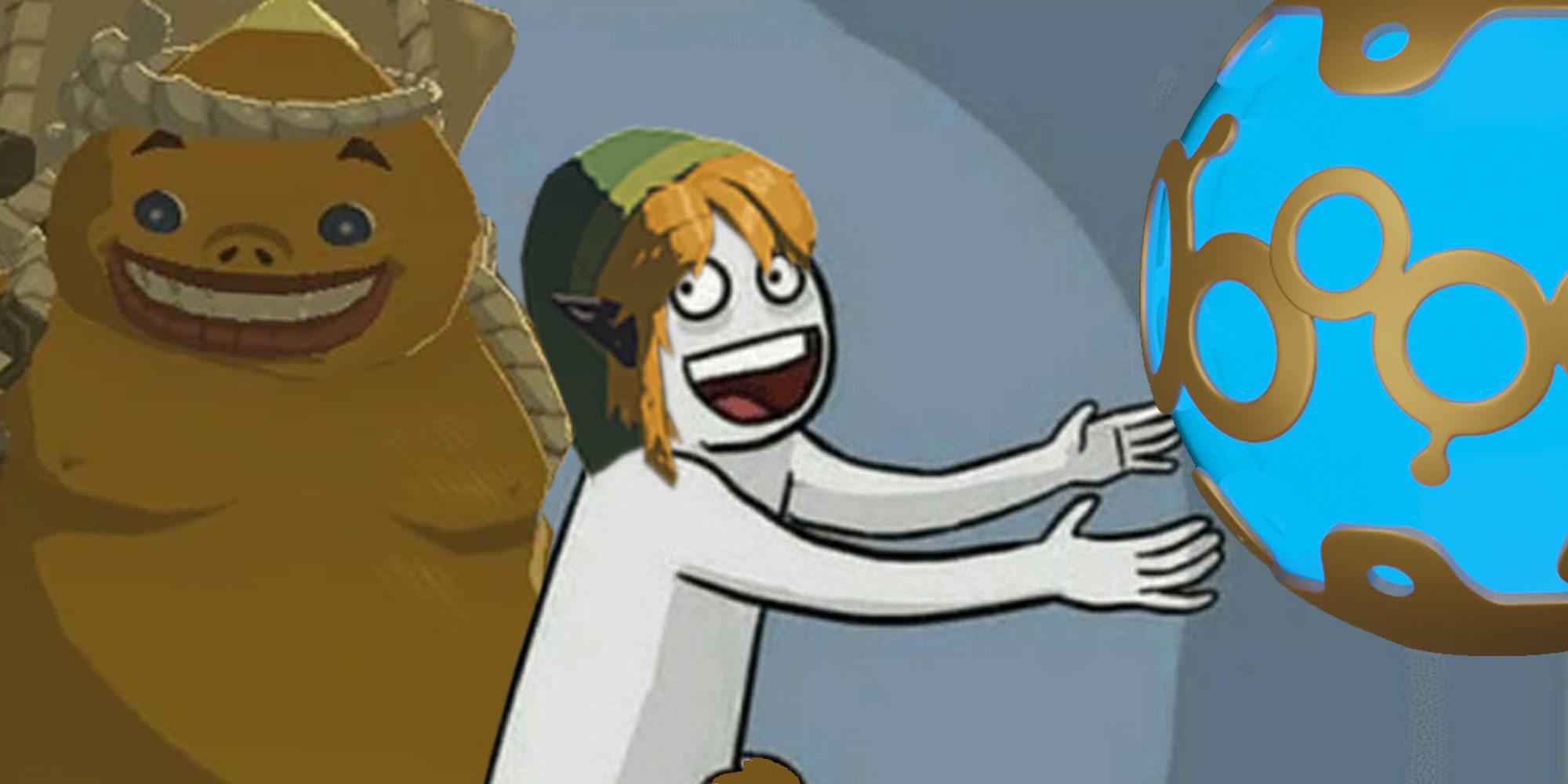 Cartoon Link with a remote bomb, and a Goron in the background