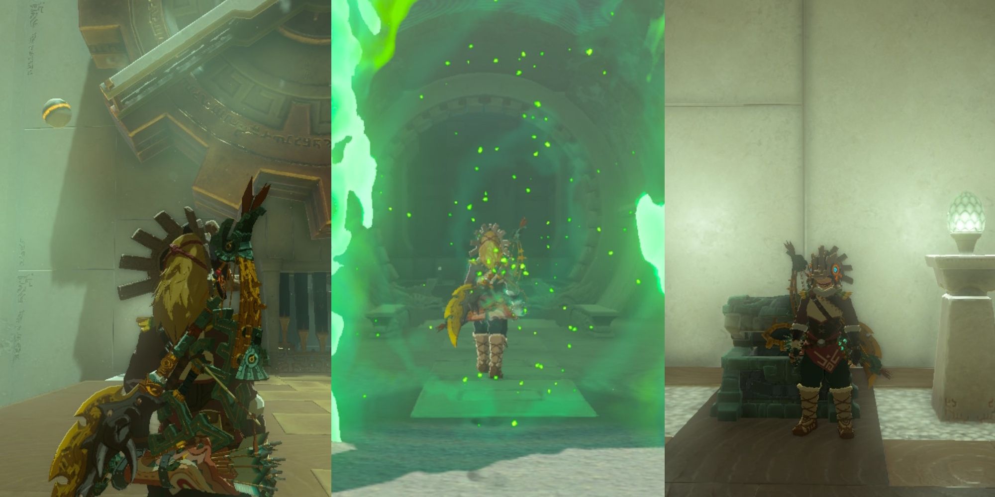 Link watches a ball fall off a gear. Link enters the Sikukuu Shrine portal. Link standing beside a chest in The Legend of Zelda: Tears of the Kingdom.