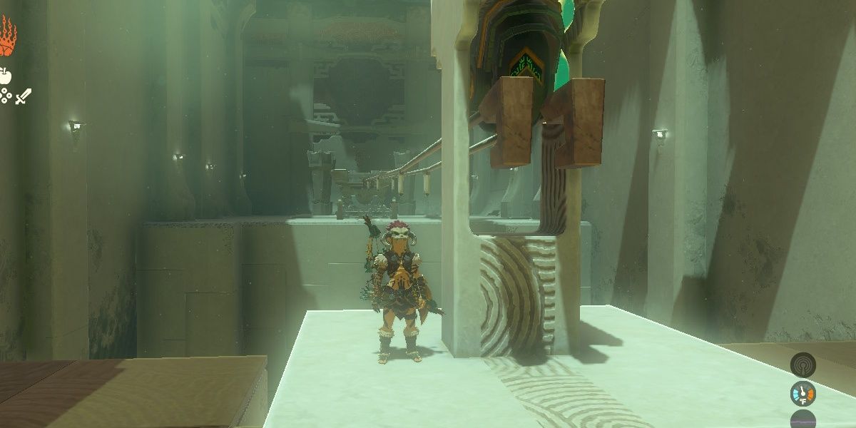 Link rides a platform to the Susuyai Shrine Ending.