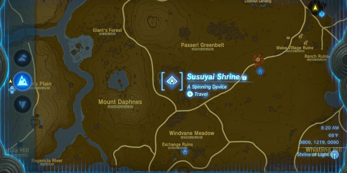 The Susuyai Shrine on the Hyrule Map