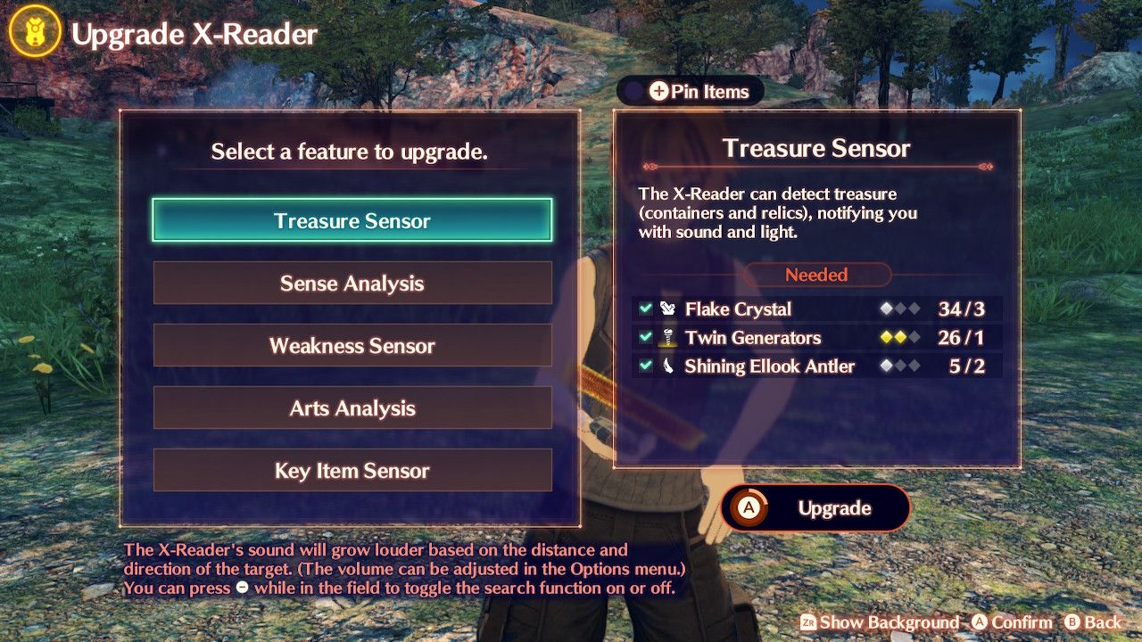 The requirements to upgrade the Treasure Sensor in Xenoblade Chronicles 3: Future Redeemed.