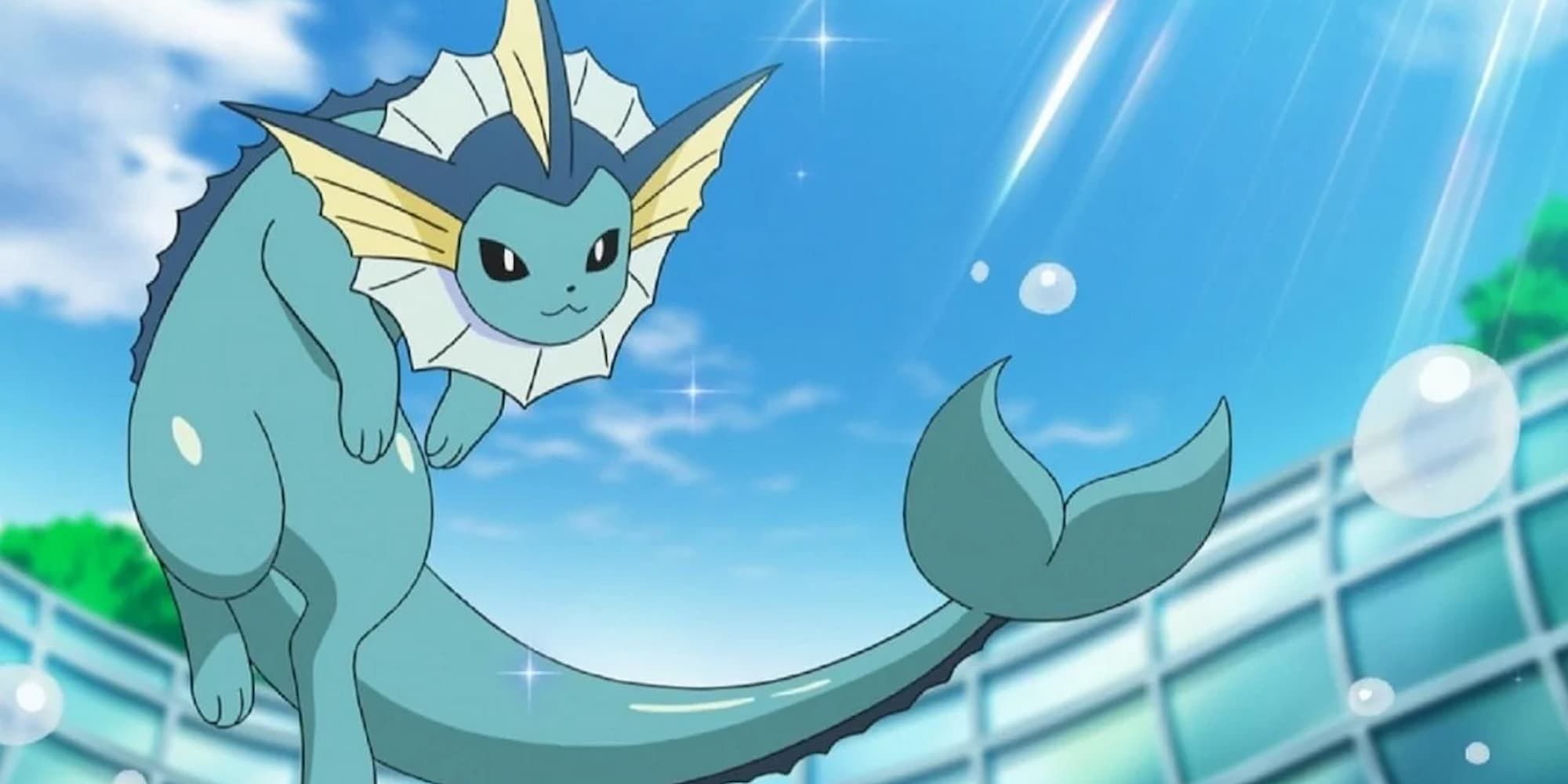 Vaporeon jumps out of the water in Pokemon.