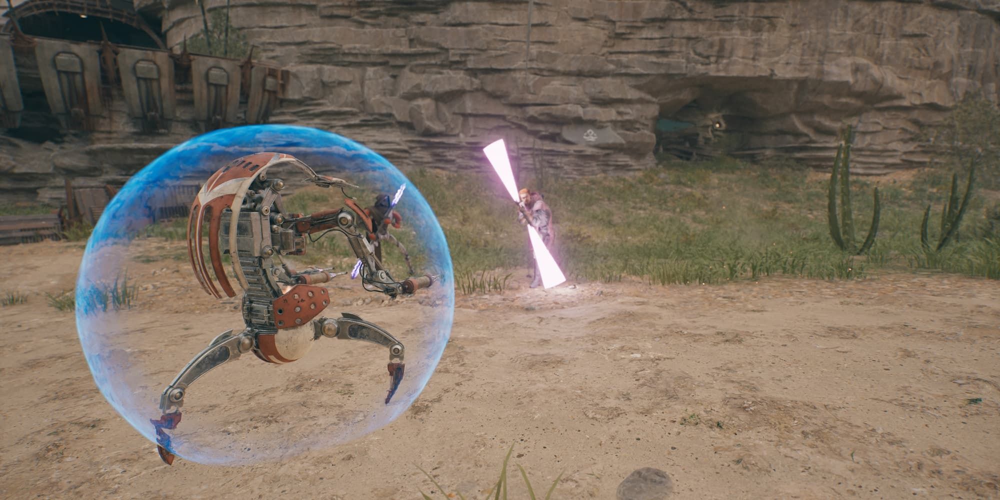 Cal Kestis has quickly switched to his double-bladed lightsaber stance to block blaster shots from a Droideka in Star Wars Jedi: Survivor.