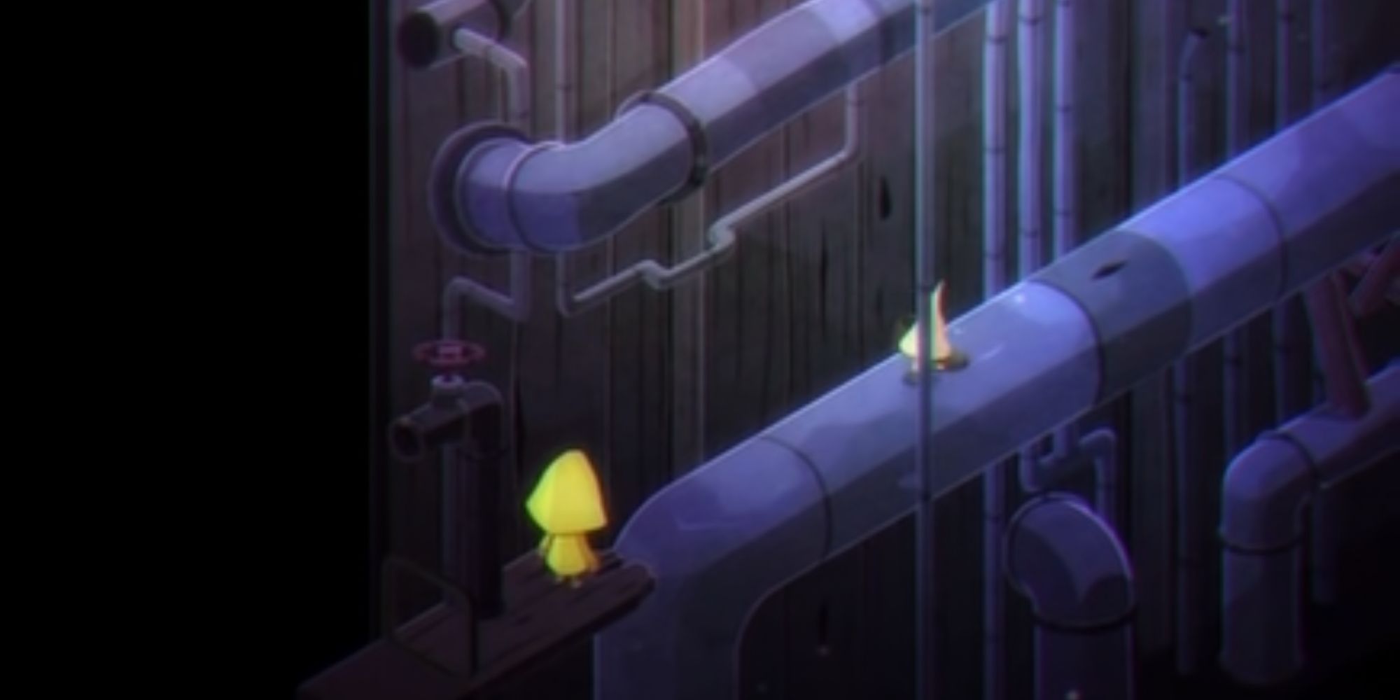 Six, the little girl in yellow jacket, standing on the edge of a metallic sewer pipe in Very Little Nightmares+