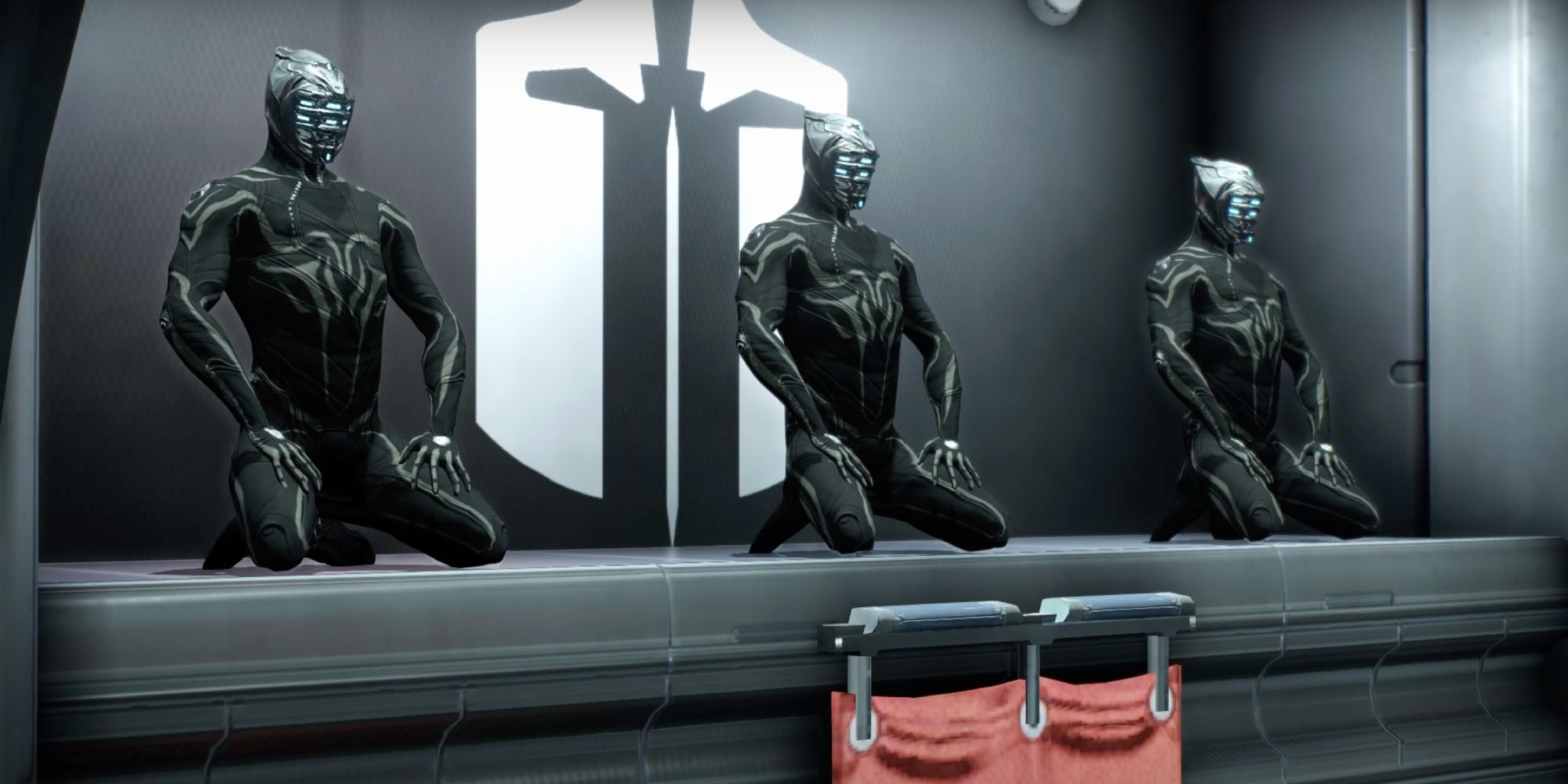 Warframe: Arbiters of Hexis Syndicate members in their conference room
