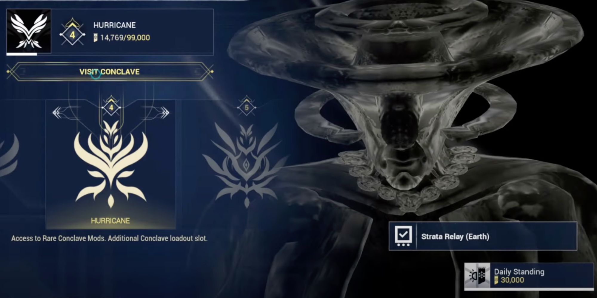 Warframe Conclave Syndicate interface with its leader Teshin