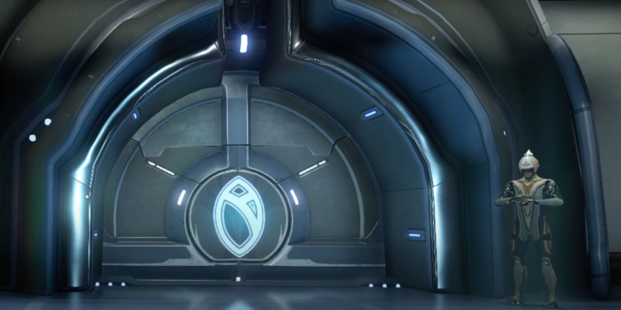 Warframe New Loka Syndicate guard stand beside the entry door