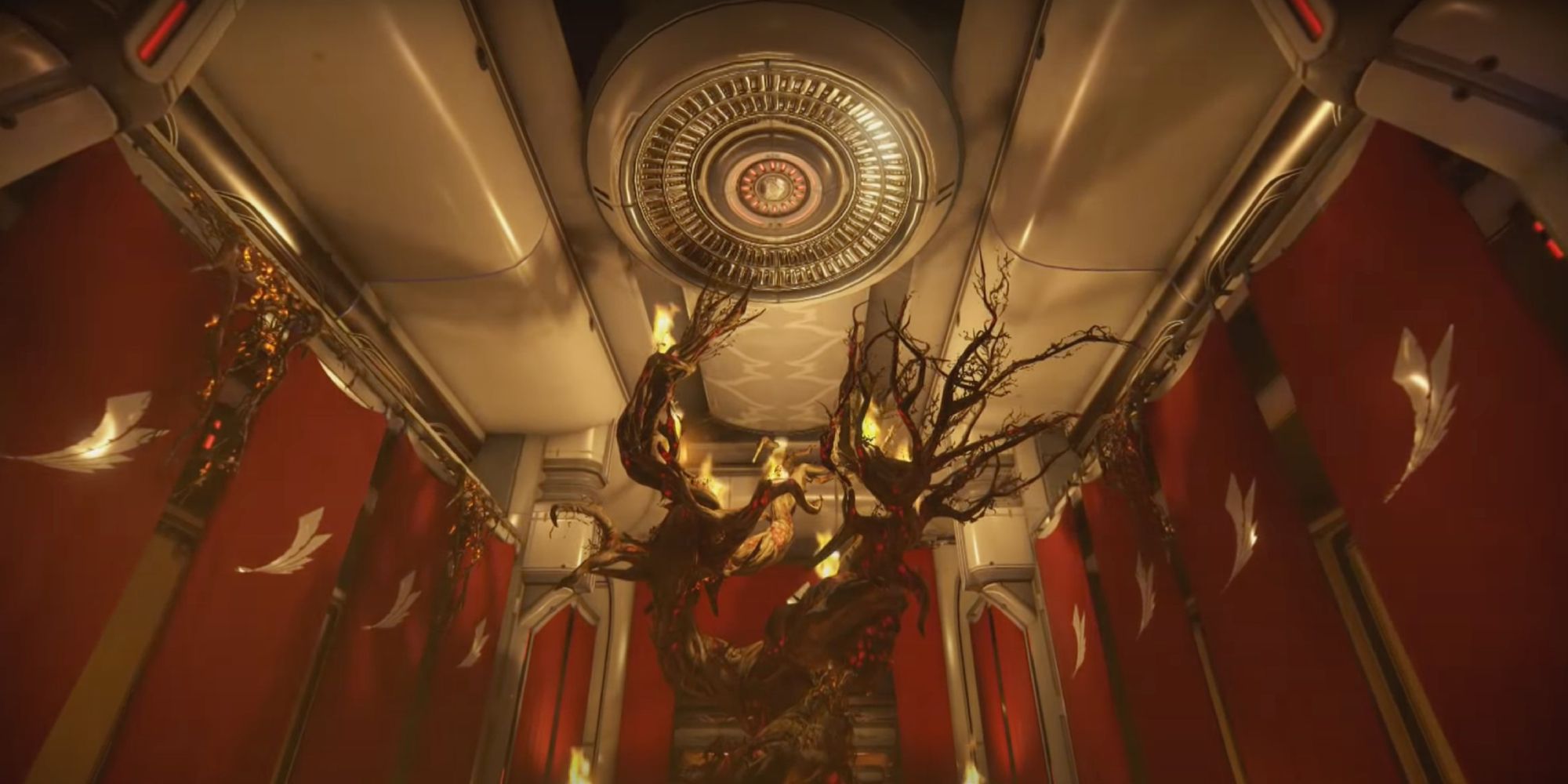 Warframe Red Veil setup with a core tree and Syndicate sigil banners