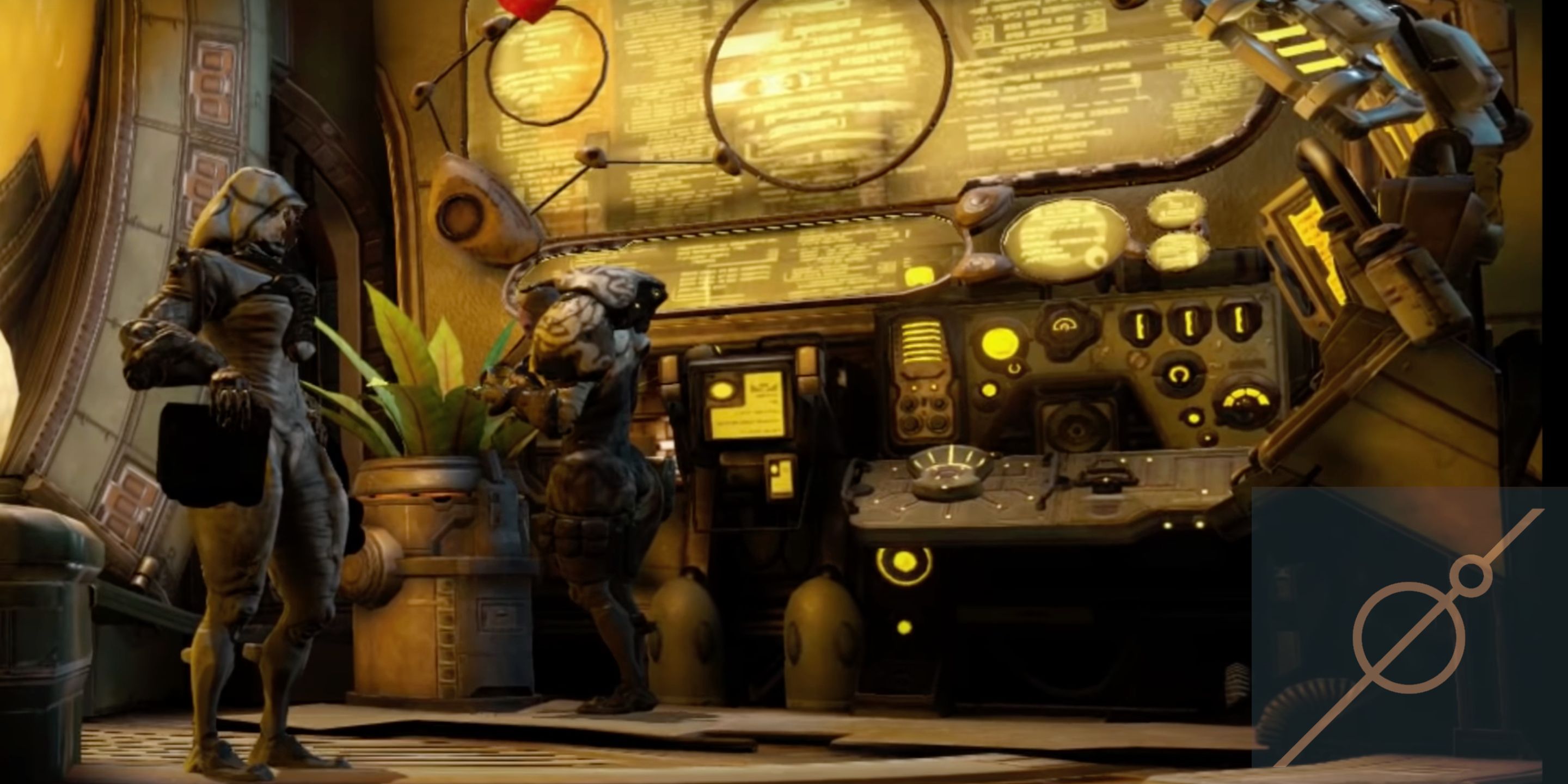 Warframe Steel Meridian Syndicate leader Cressa Tal standing with a guard