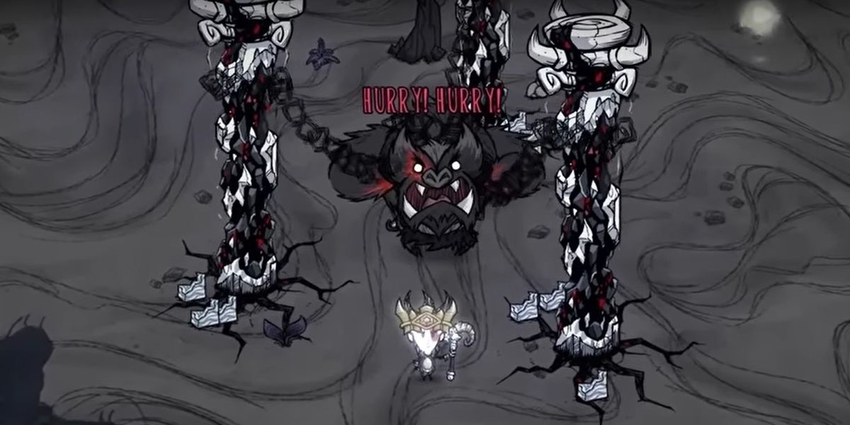 Don't Starve Together Wilson Wearing Thulecite Crown And Walking Stick In Front Of Chained Nightmare Werepig In The Caves