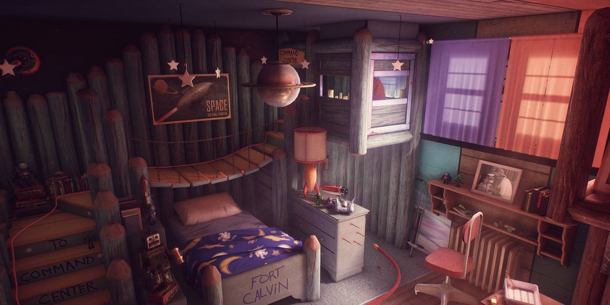 A childhood bedroom is softly lit, the bed is marked Fort Calvin in crayon, in What Remains Of Edith Finch.