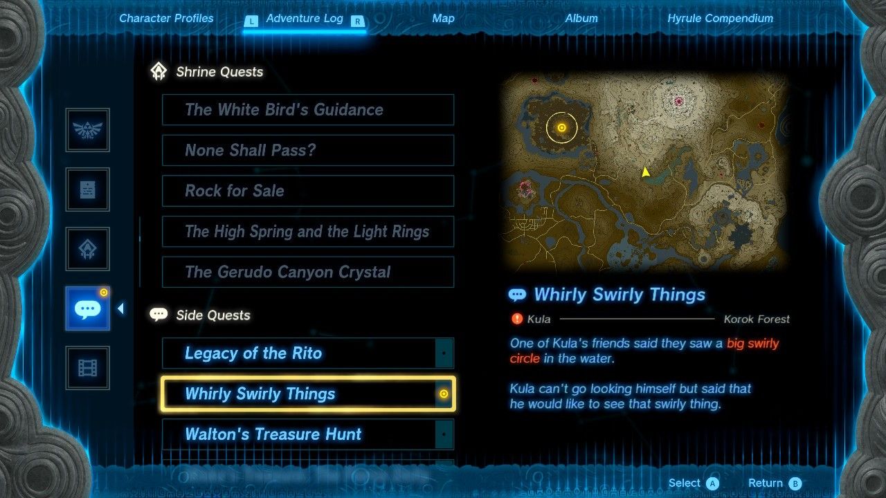 Whirly Swirly Things quest description in The Legend of Zelda Tears of the Kingdom