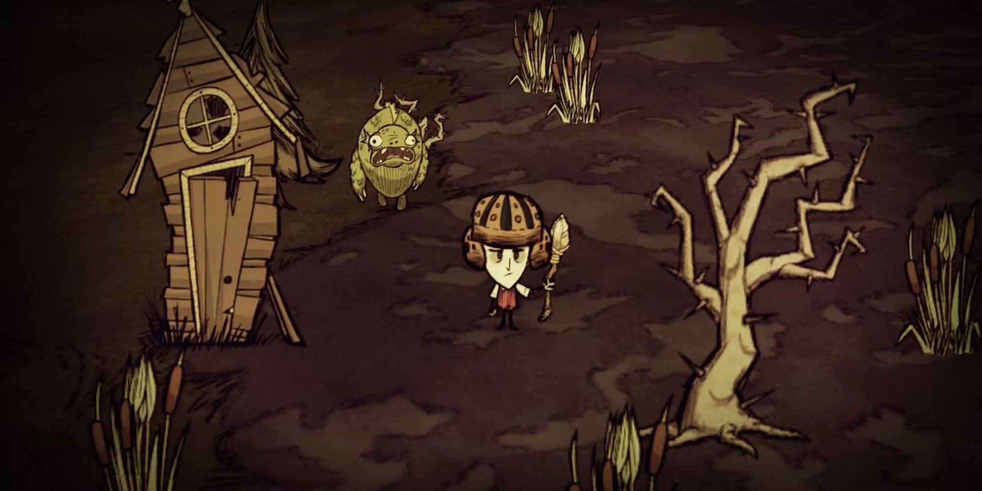 wilson in a swamp with a merm and cat tails in don't starve together best base location