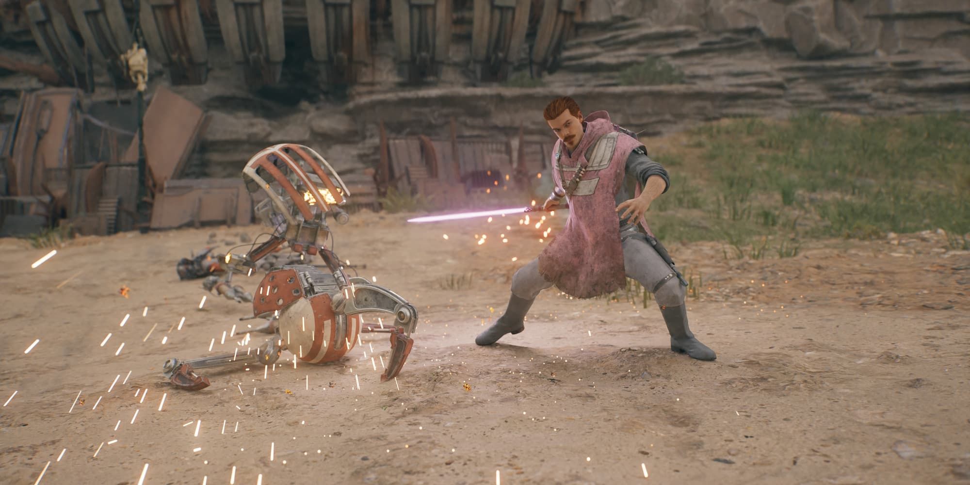 Cal Kestis slices through a Droideka with his lightsaber in Star Wars Jedi: Survivor.