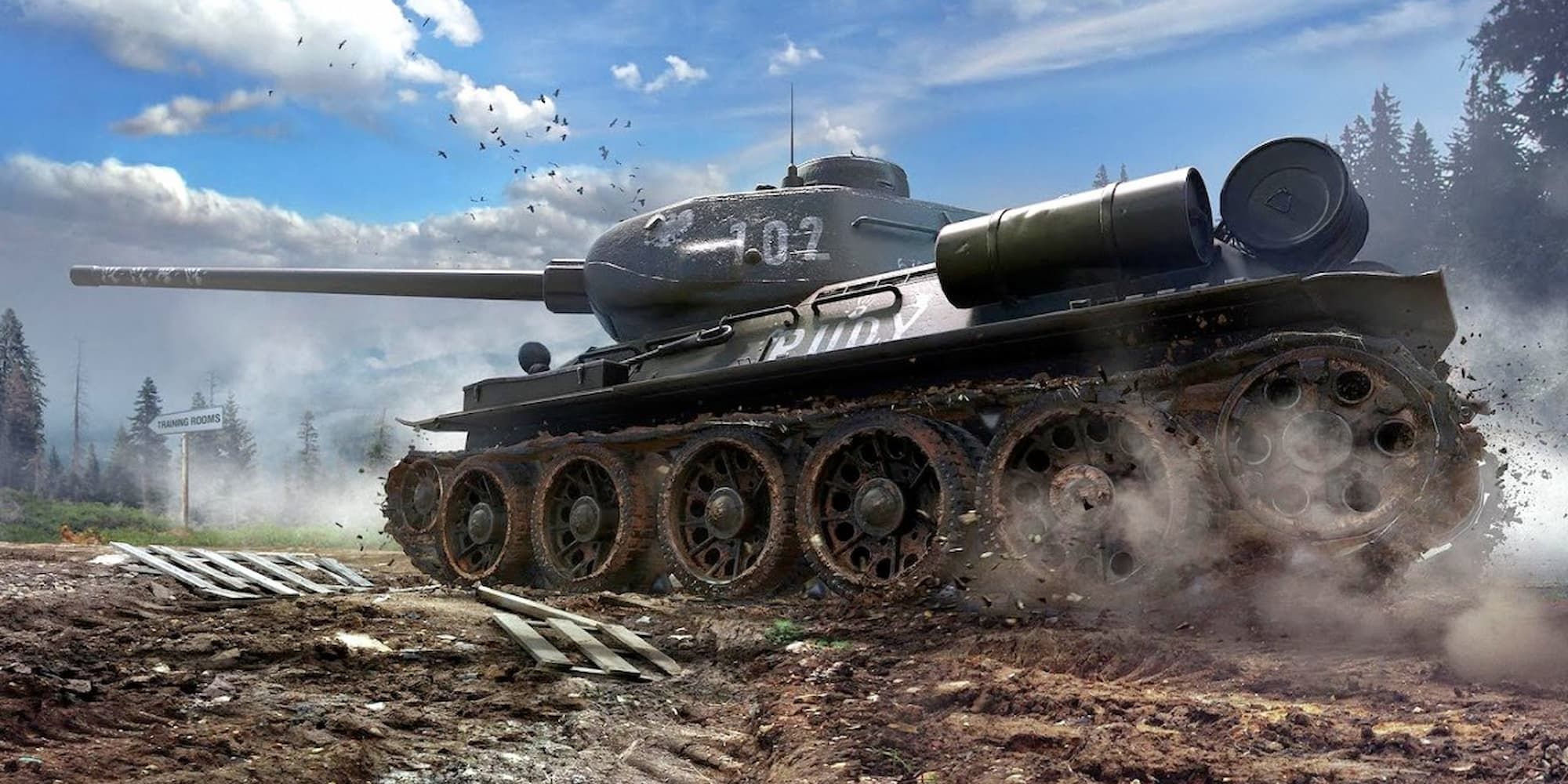 A tank drives across a dirt road in World of Tanks Blitz.
