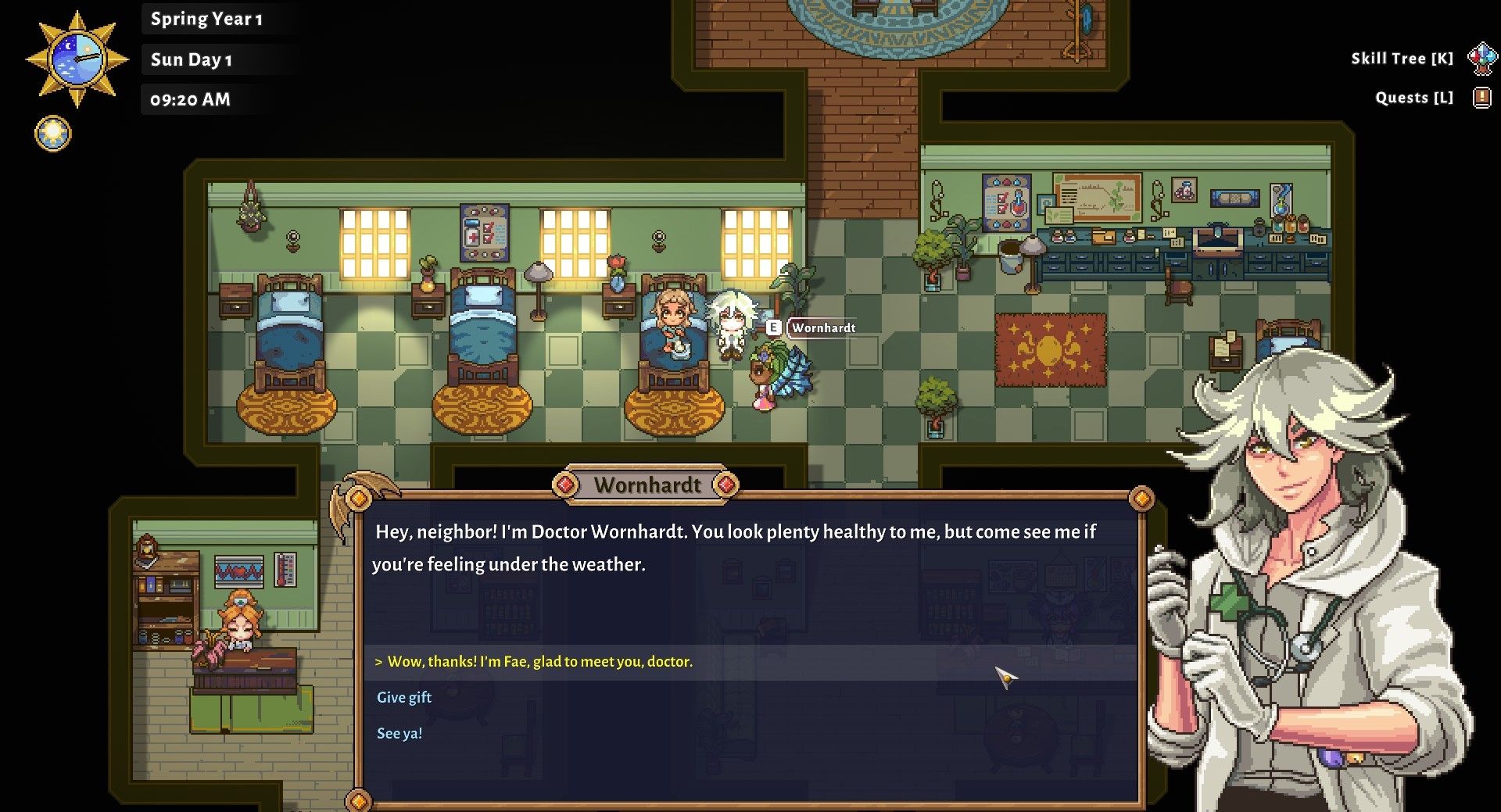 wornhardt at the hospital introducing himself to the player in sun haven