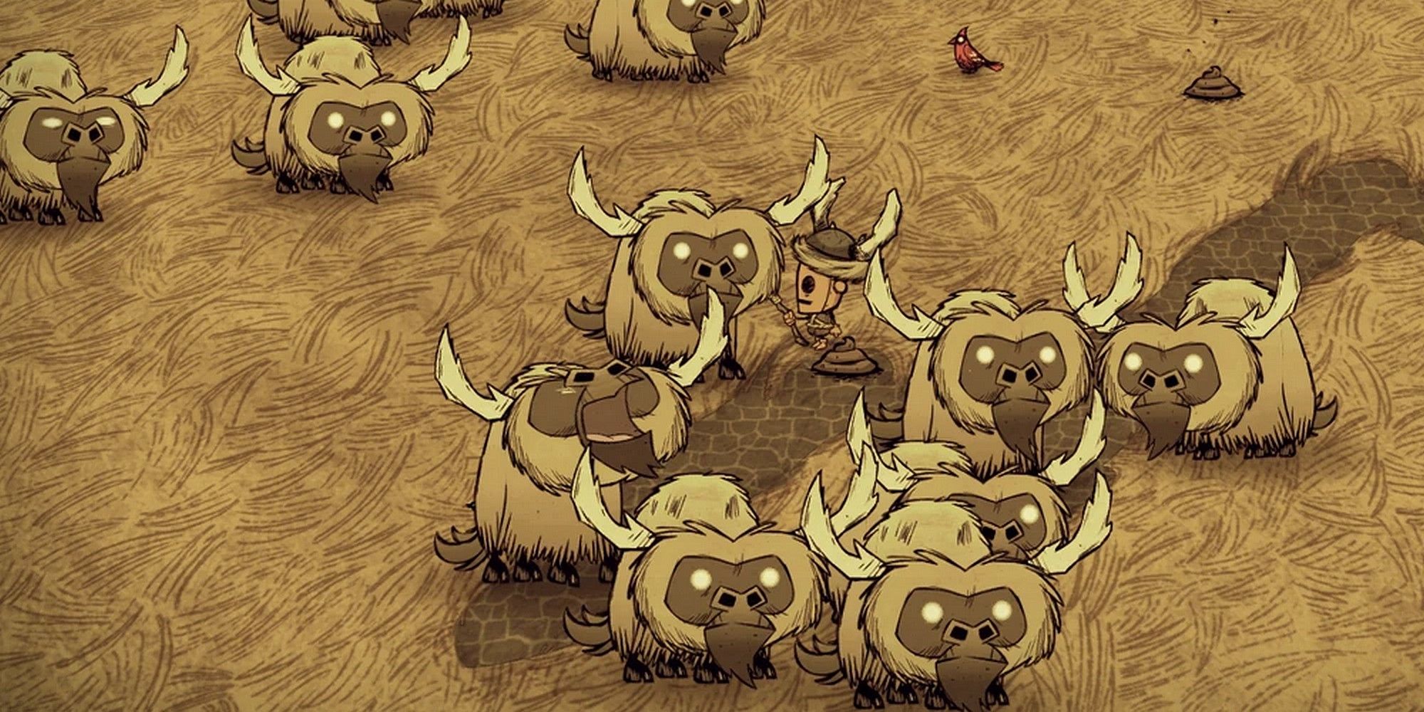 wx-78 with a herd of beefalo in a savanna don't starve together
