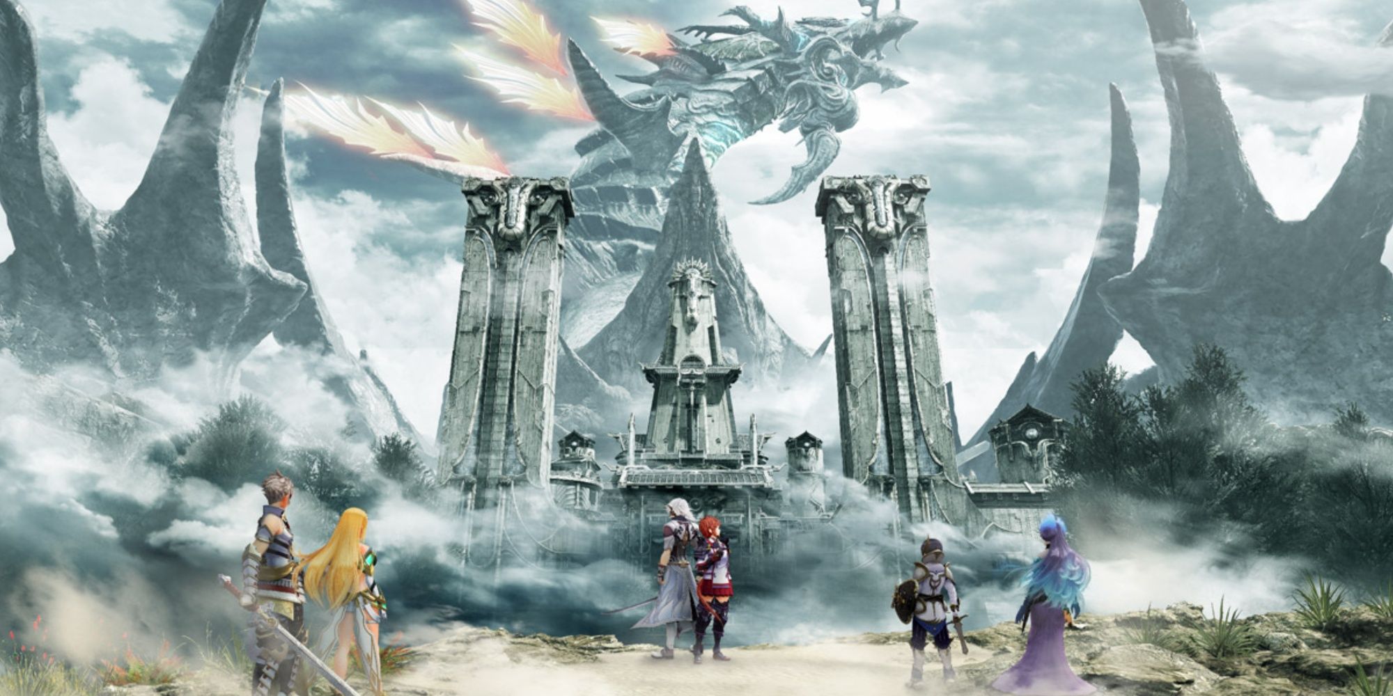 Landscape shot showing the main characters of Xenoblade Chronicles 2 Torna The Golden Country