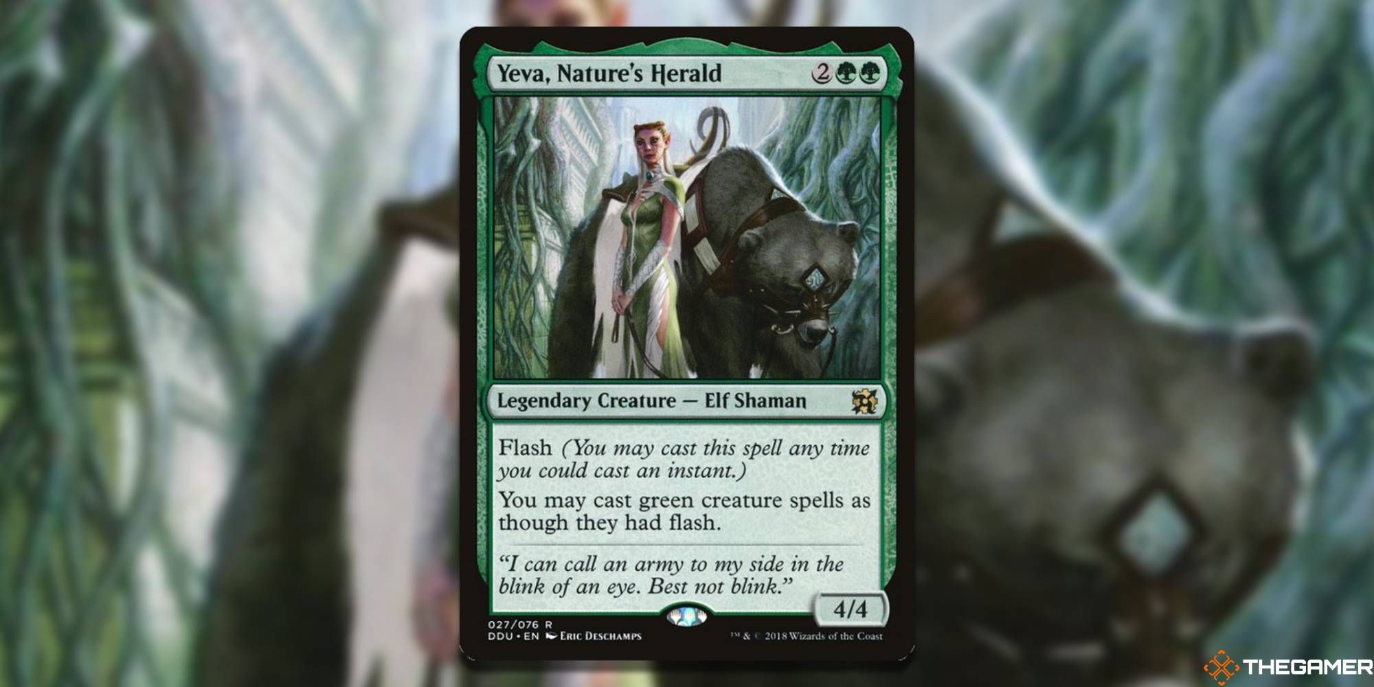 Yeva, Nature's Herald from Magic: the Gathering. Body Text: Flash You may cast green creature cards as though they had flash.