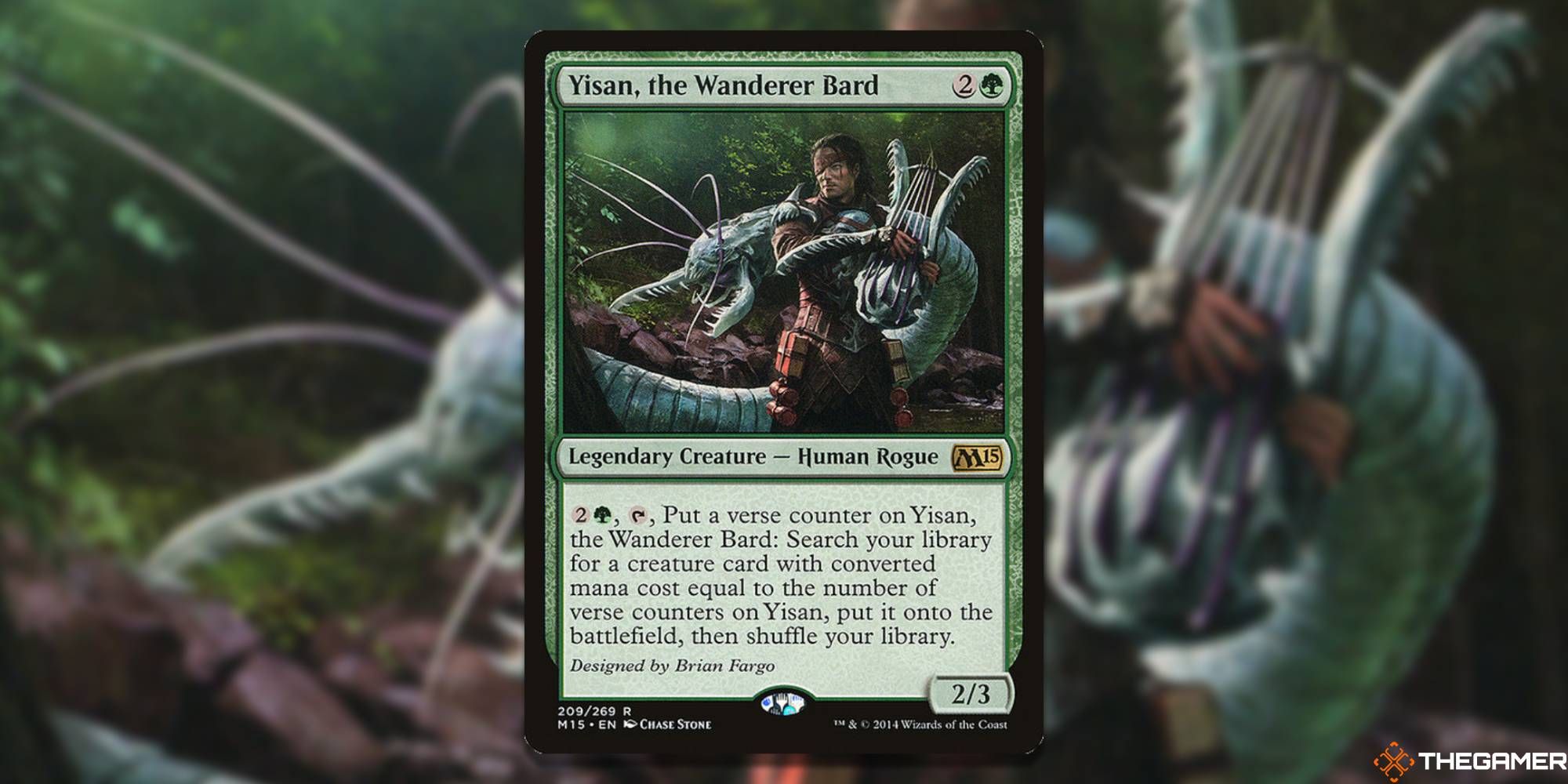 Yisan, the Wanderer Bard from Magic: the Gathering. Body Text: 2G, T, Put a verse counter on Yisan, the Wanderer Bard: Search your library for a creature card with converted mana cost equal to the number of verse counters on Yisan, put it onto the battlefield, then shuffle your library.