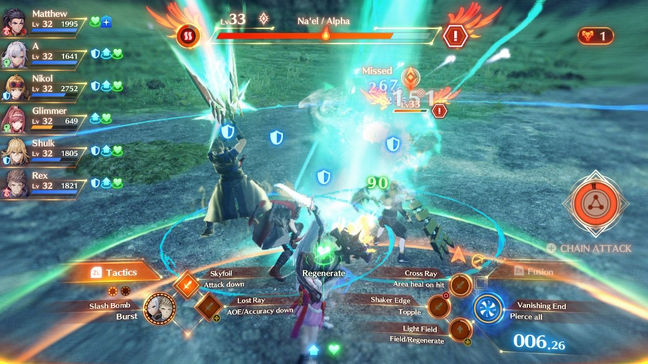 A, Rex, Nikol, Glimmer, and Shulk attacking Na'el/Alpha in Xenoblade Chronicles 3: Future Redeemed.
