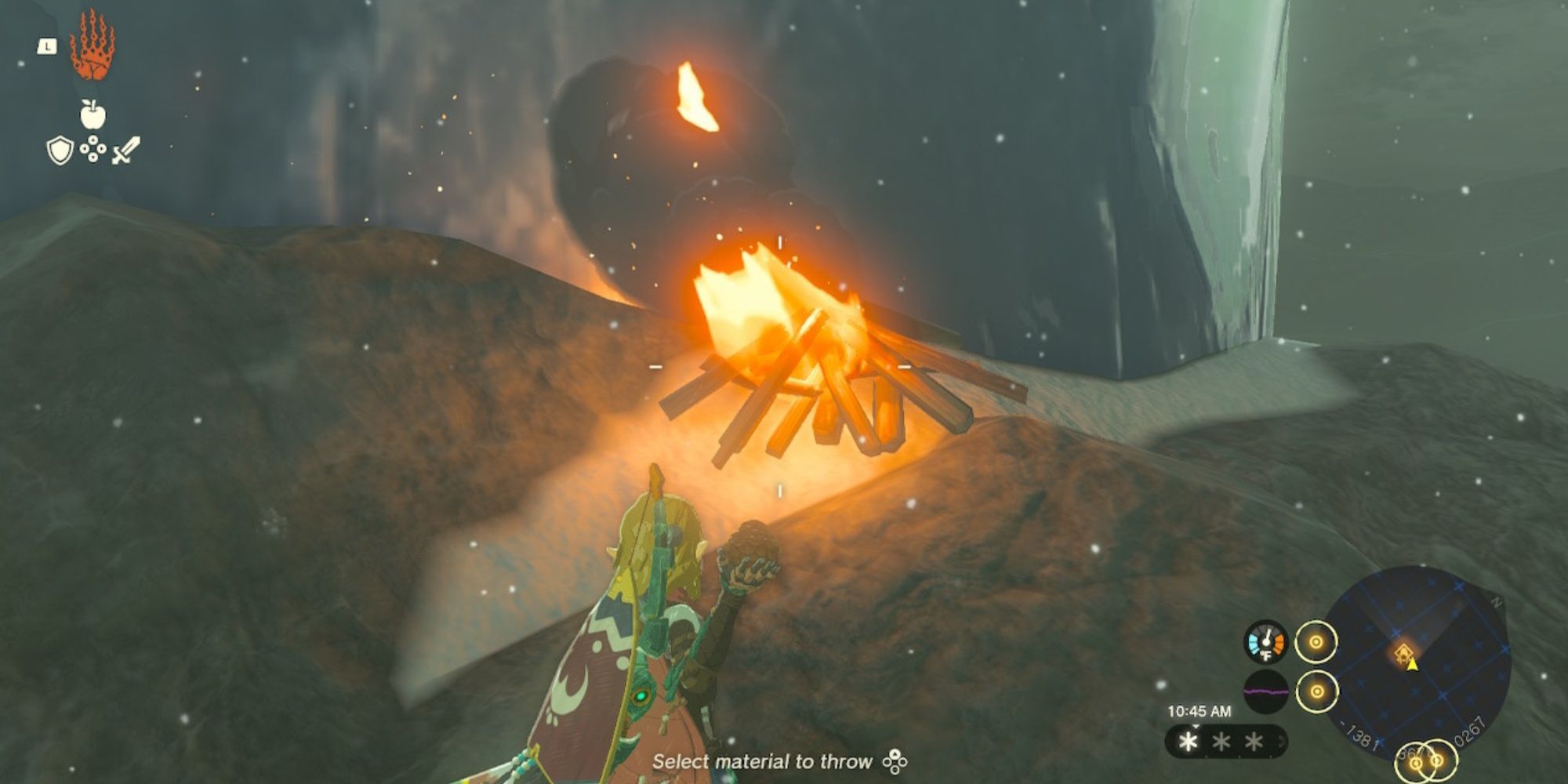 Zelda Tears of the Kingdom throwing pine cone in fire