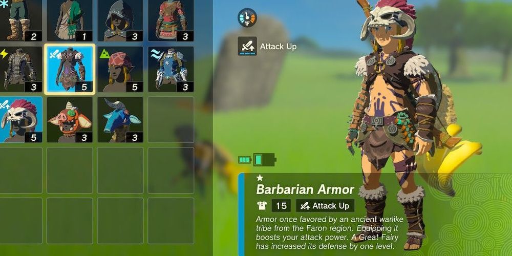 The barbarian set stat page in The Legend of Zelda: Tears of the Kingdom the video game