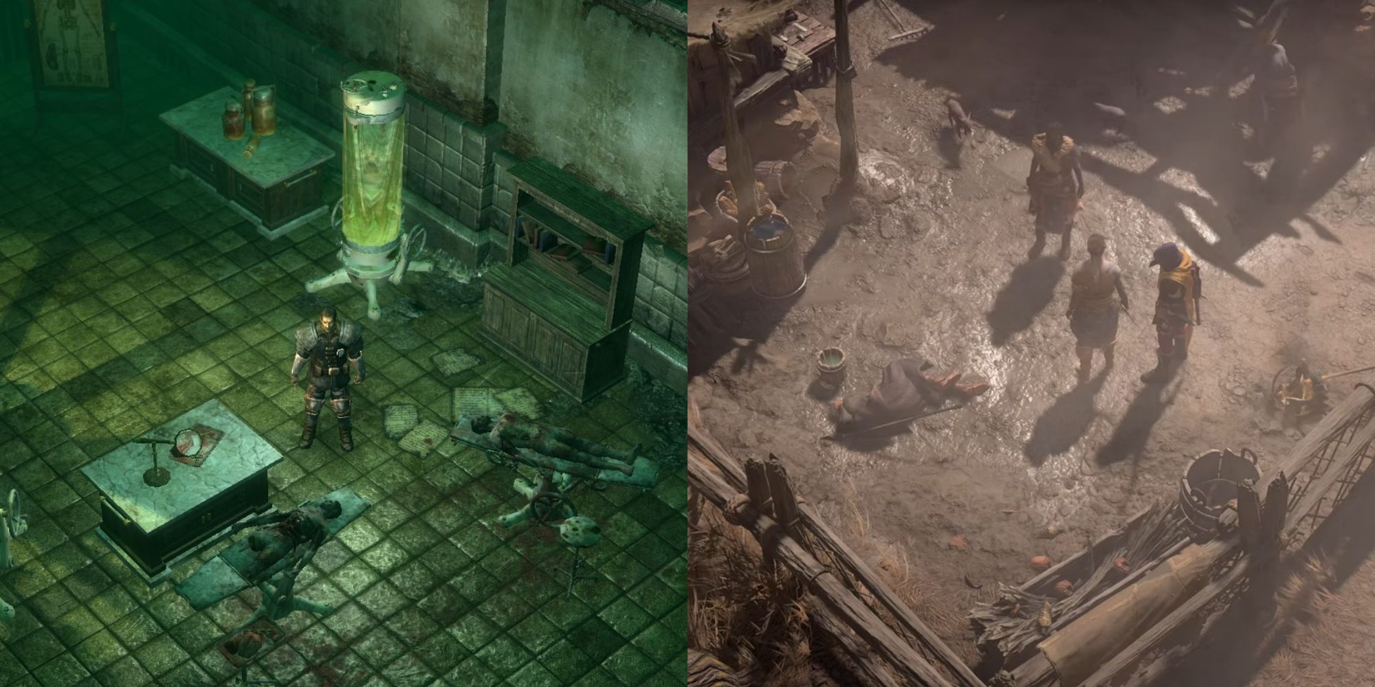 A split image showing a character in a lab from Grim Dawn, and a village cutscene from Diablo 4.