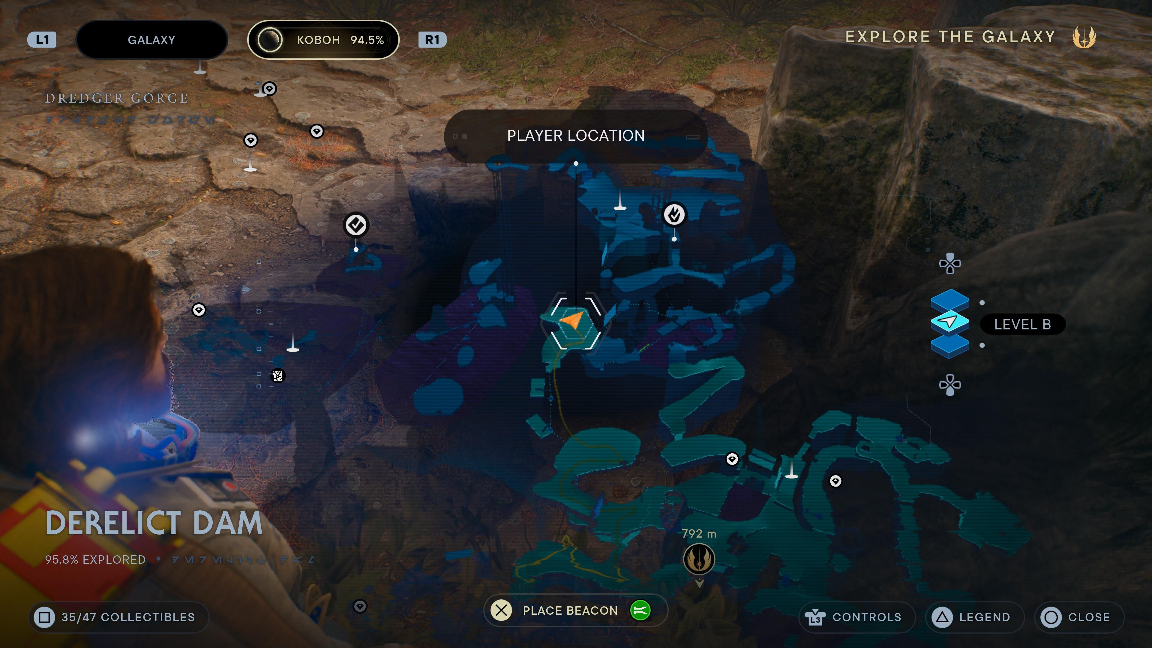 Map location of a Force Essence on a high ledge in the Derelict Dam in Jedi Survivor