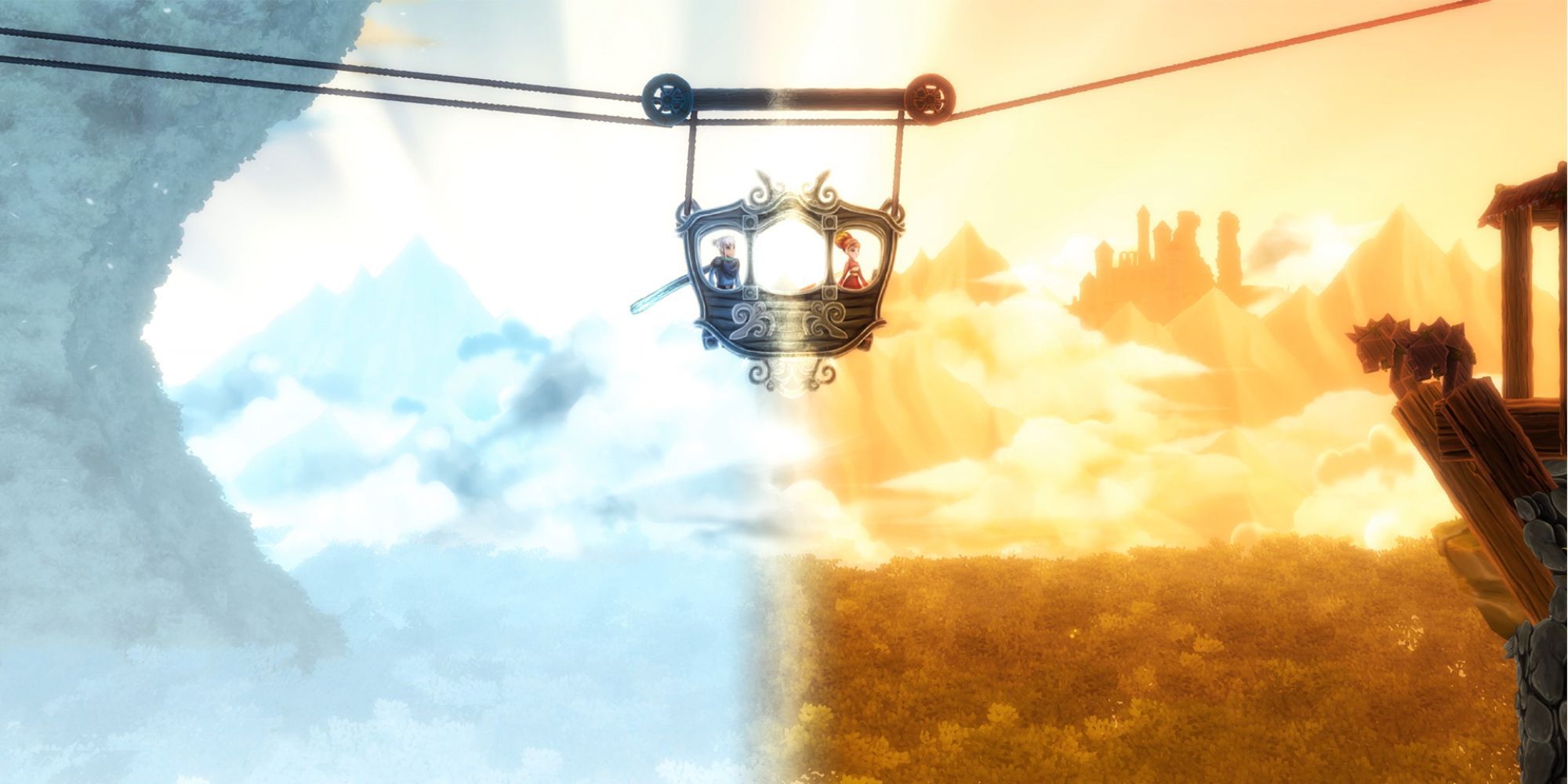 Ember and Rime ride a gondola lift, with their worlds separated in the middle