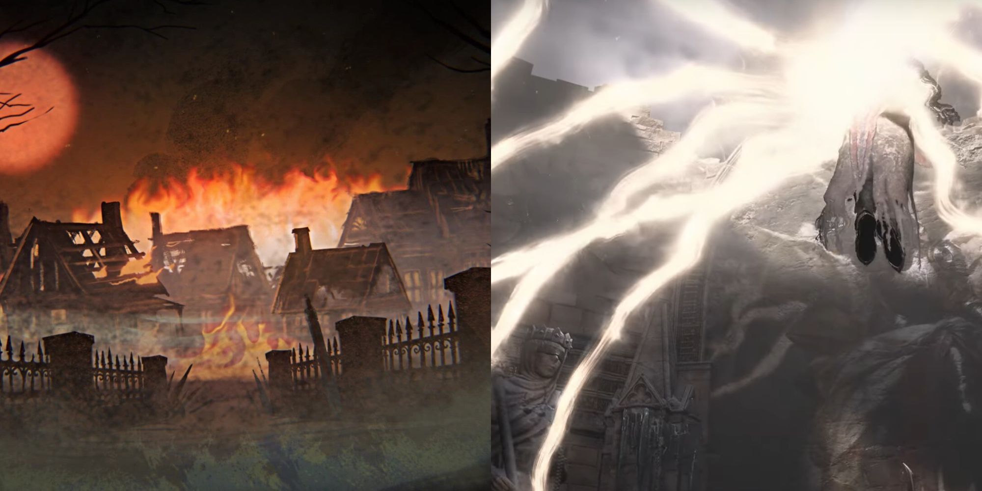 A split image showing story elements from Grim Dawn and Diablo 4.