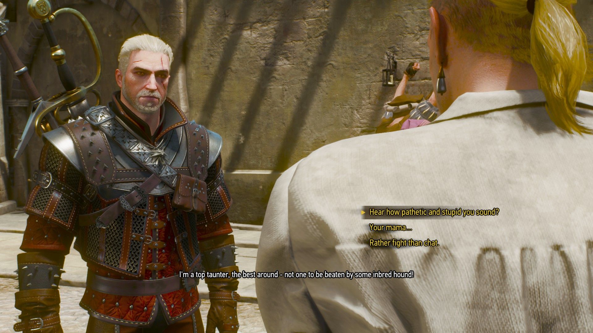 A screenshot of The Witcher 3's dialogue options during a rap battle.