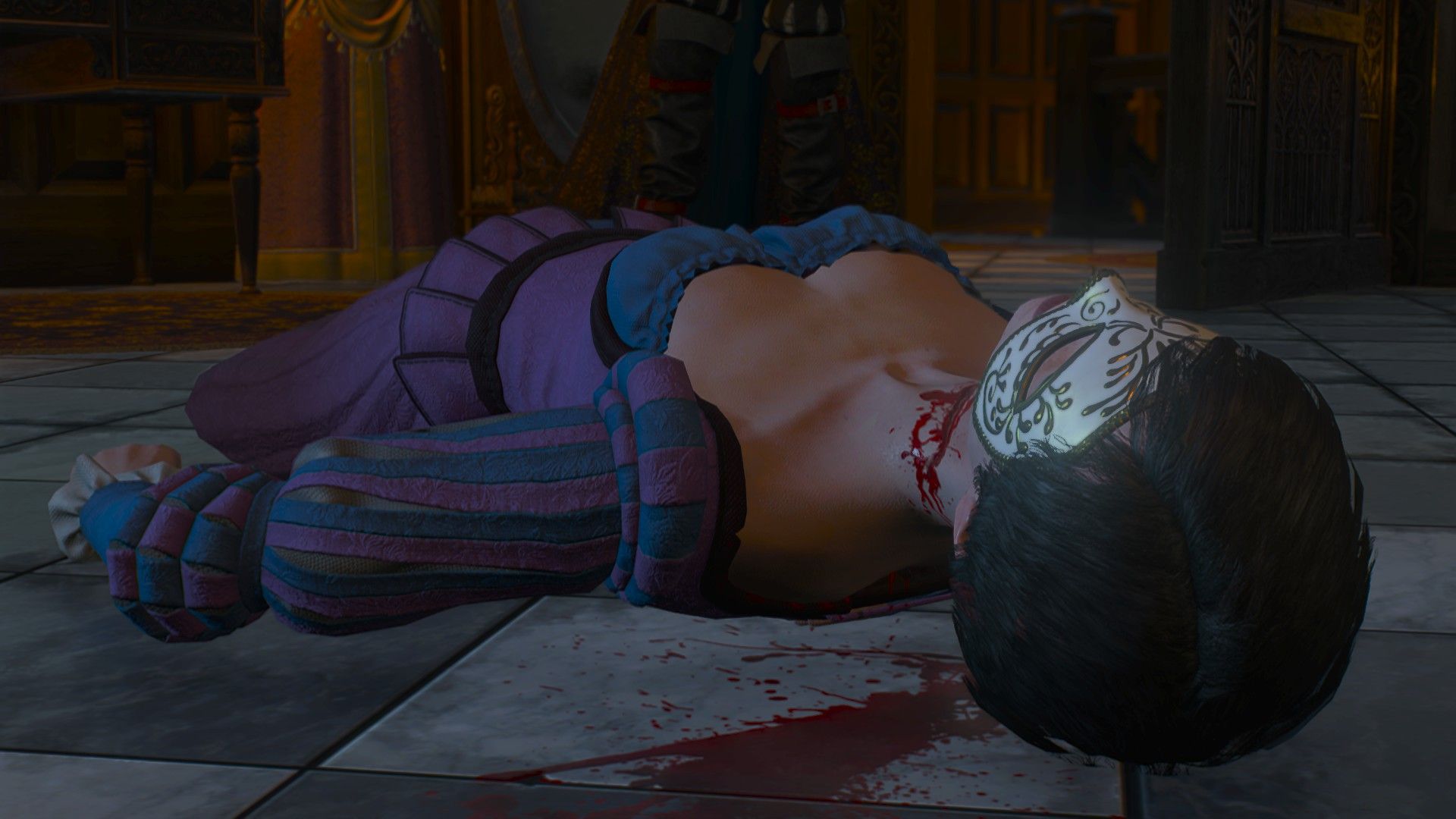 A woman wearing a white mask and purple dress lies dead on the ground with her throat slit.