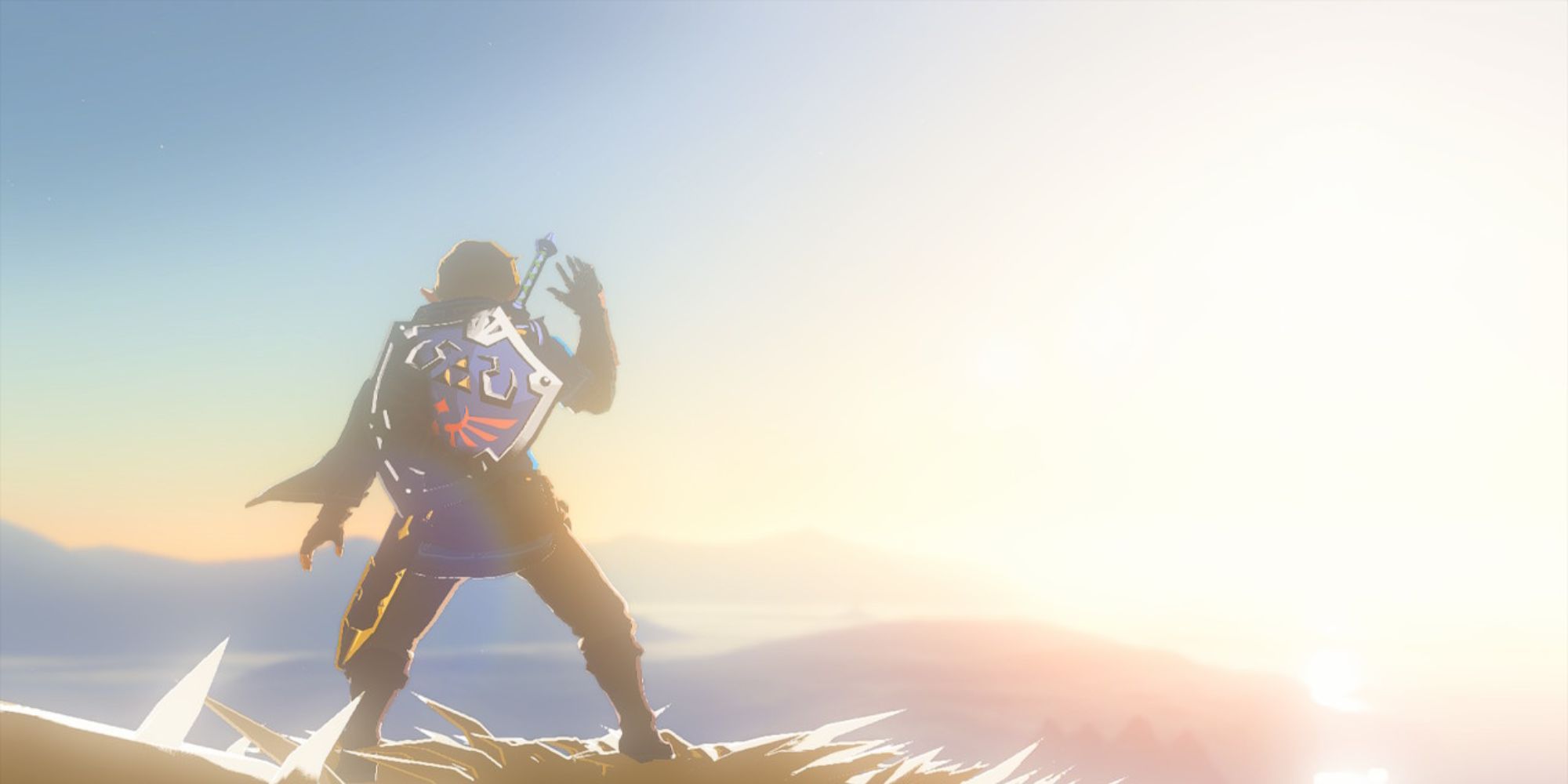 Zelda: Tears of the Kingdom - Link standing with Master Sword and Hylian Shield looking at horizon