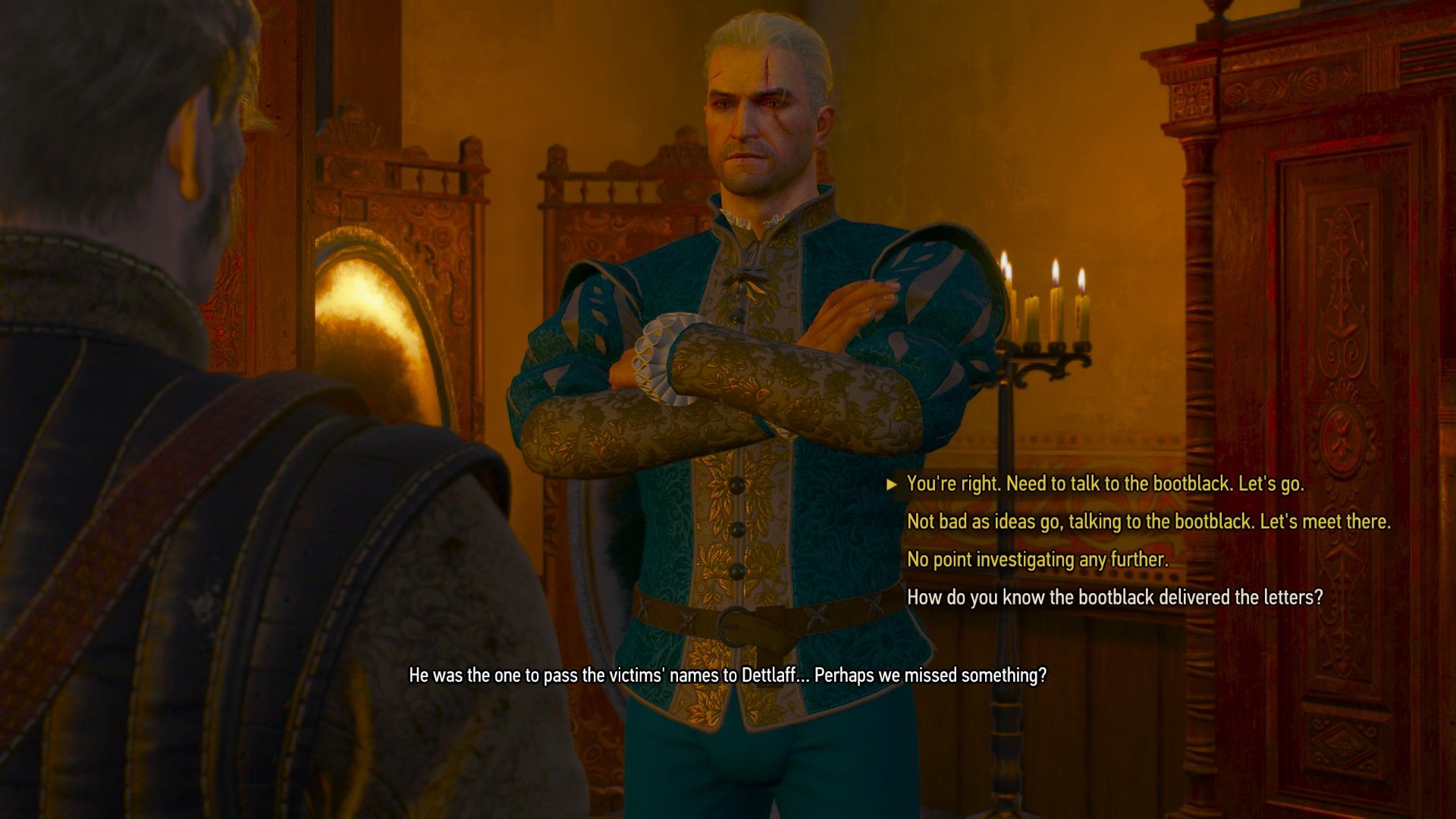 A screenshot of The Witcher 3's dialogue menu with decisions about a bootblack displayed.