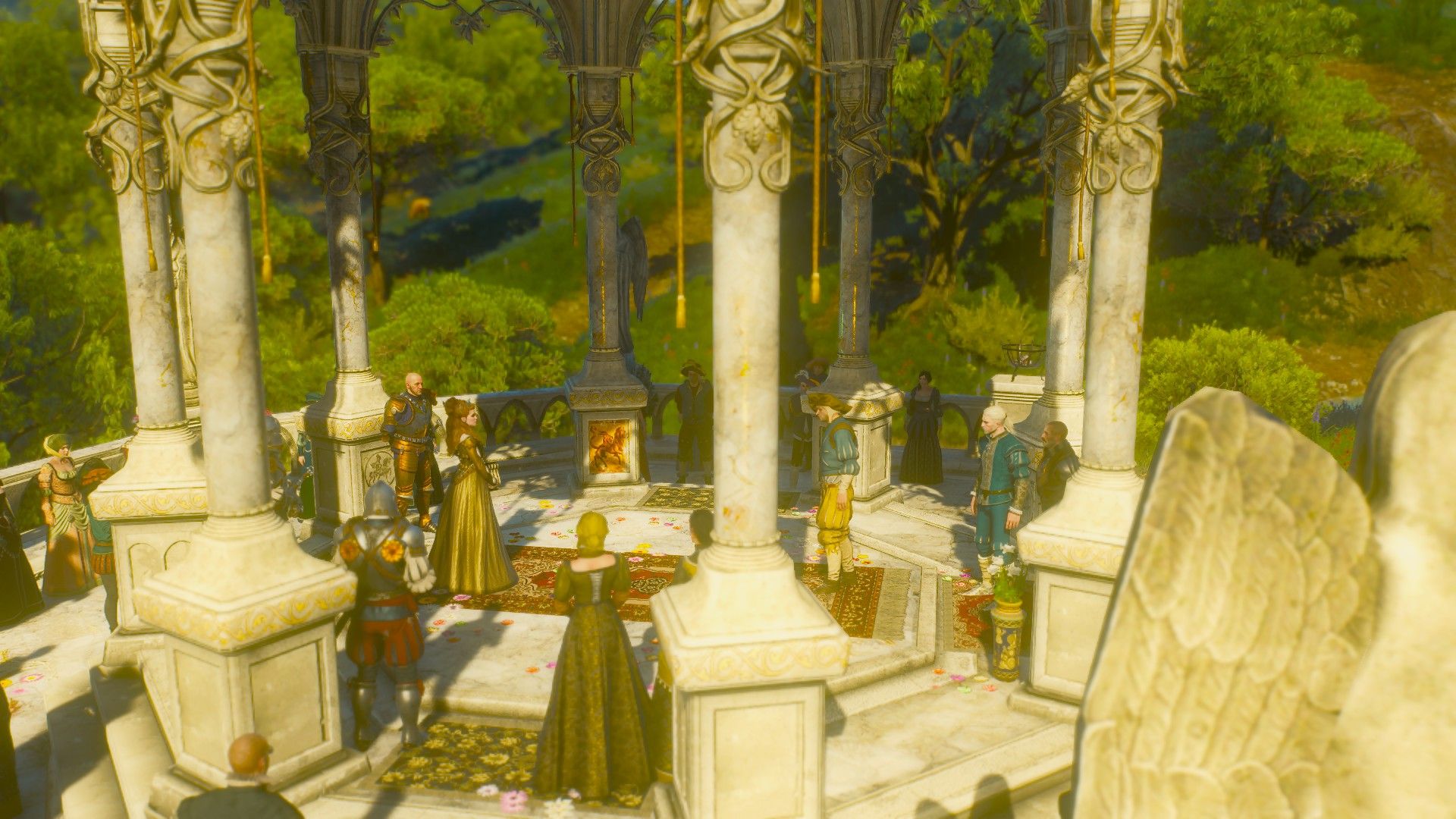 Geralt arrives at a pavilion surrounded by the duchess' court in Toussaint.