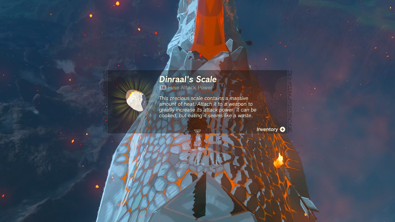 Link Shoots Dinraal With Arrow And Picks Up Scale On Back