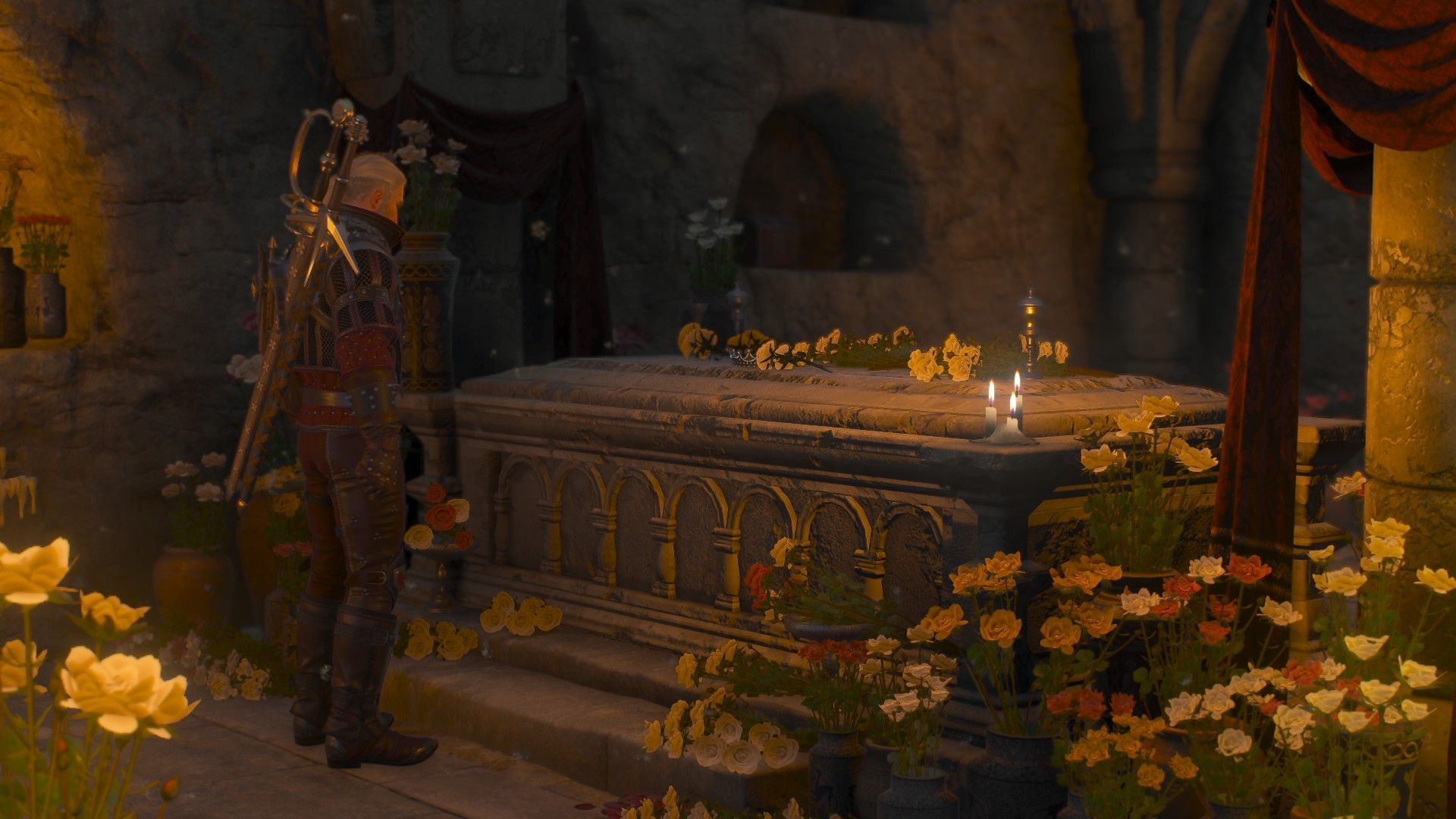 Geralt stands next to a tomb in Toussaint, covered in flowers left by mourners.