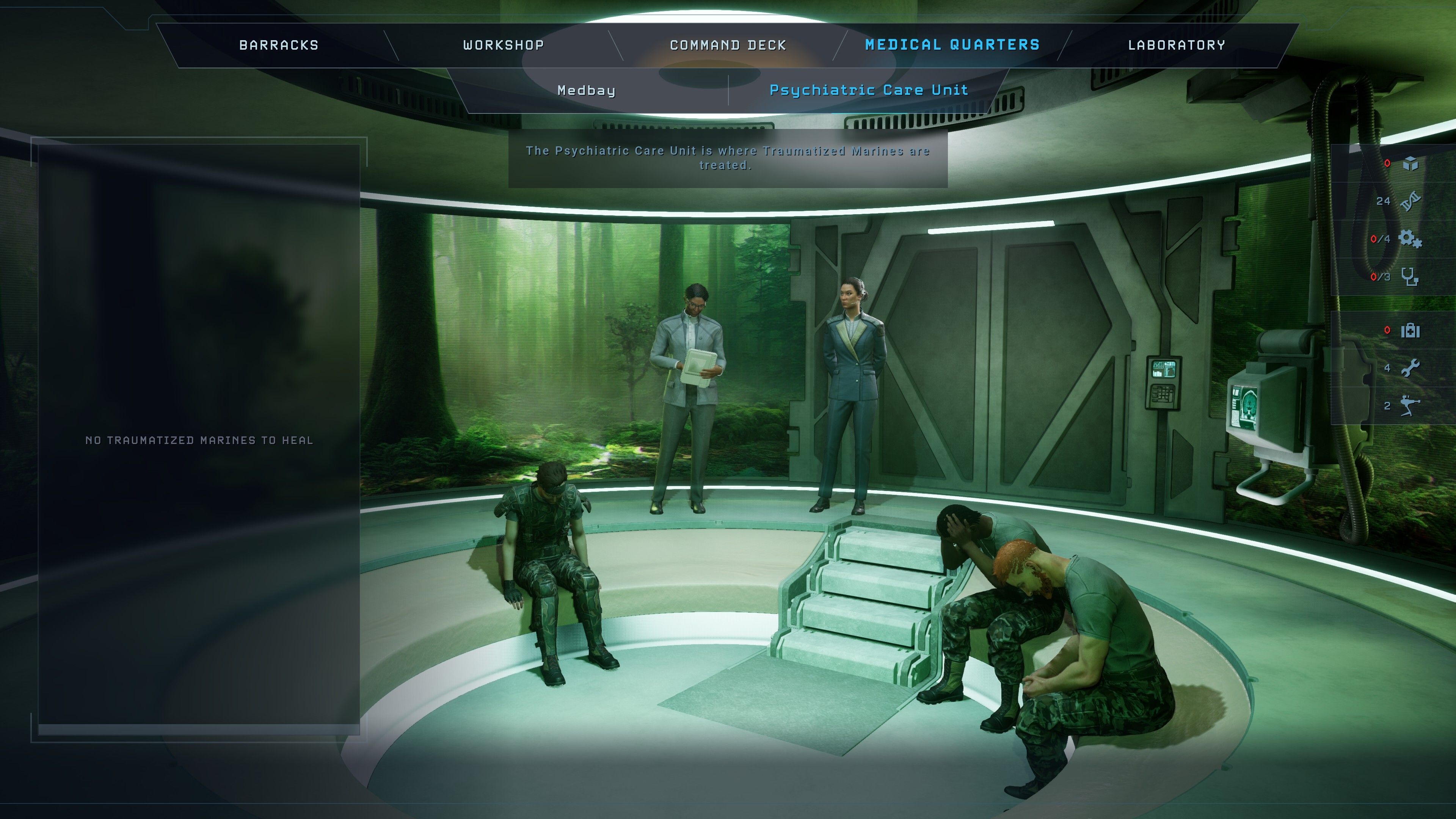 Aliens: Dark Descent Psychiatric Care Unit showing soldiers holding their heads in fear
