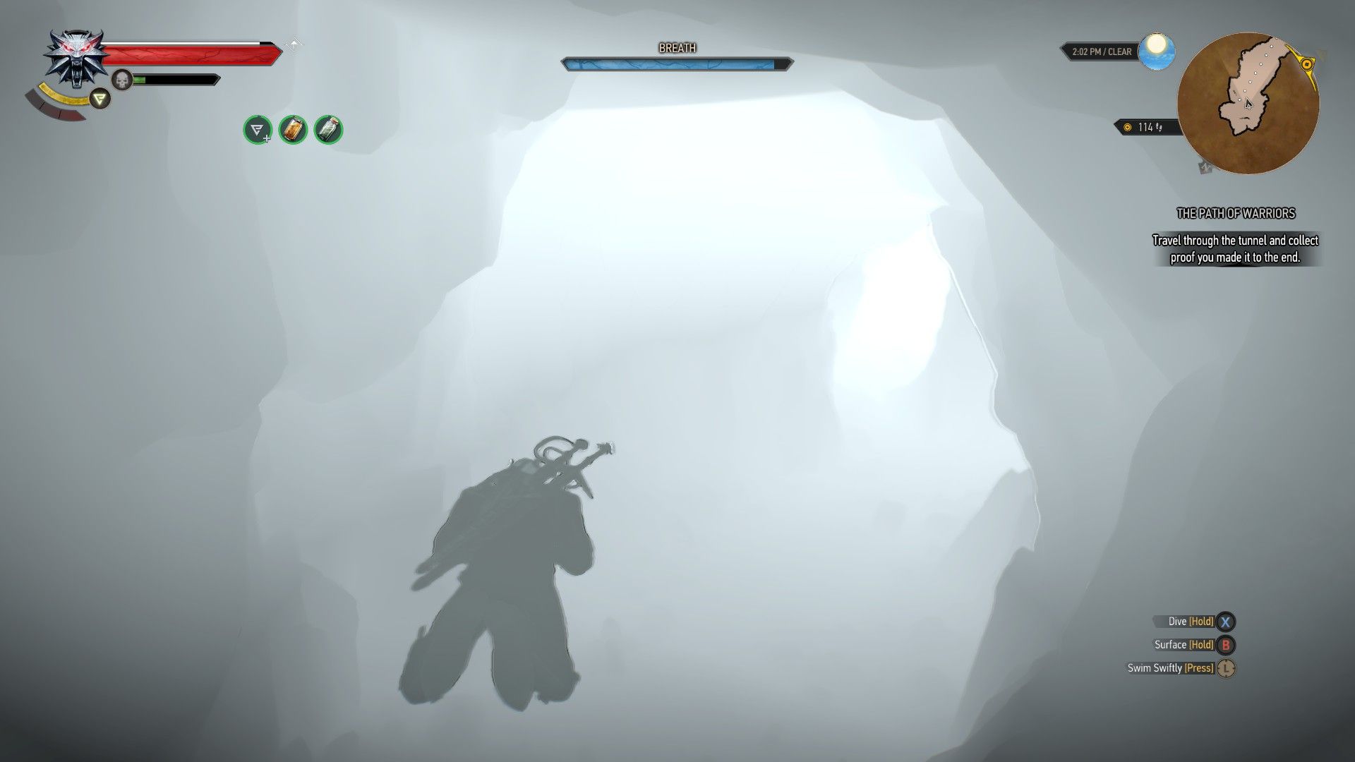 A screenshot of Geralt swimming through a cave while under the effects of the Killer Whale and Cat potions.