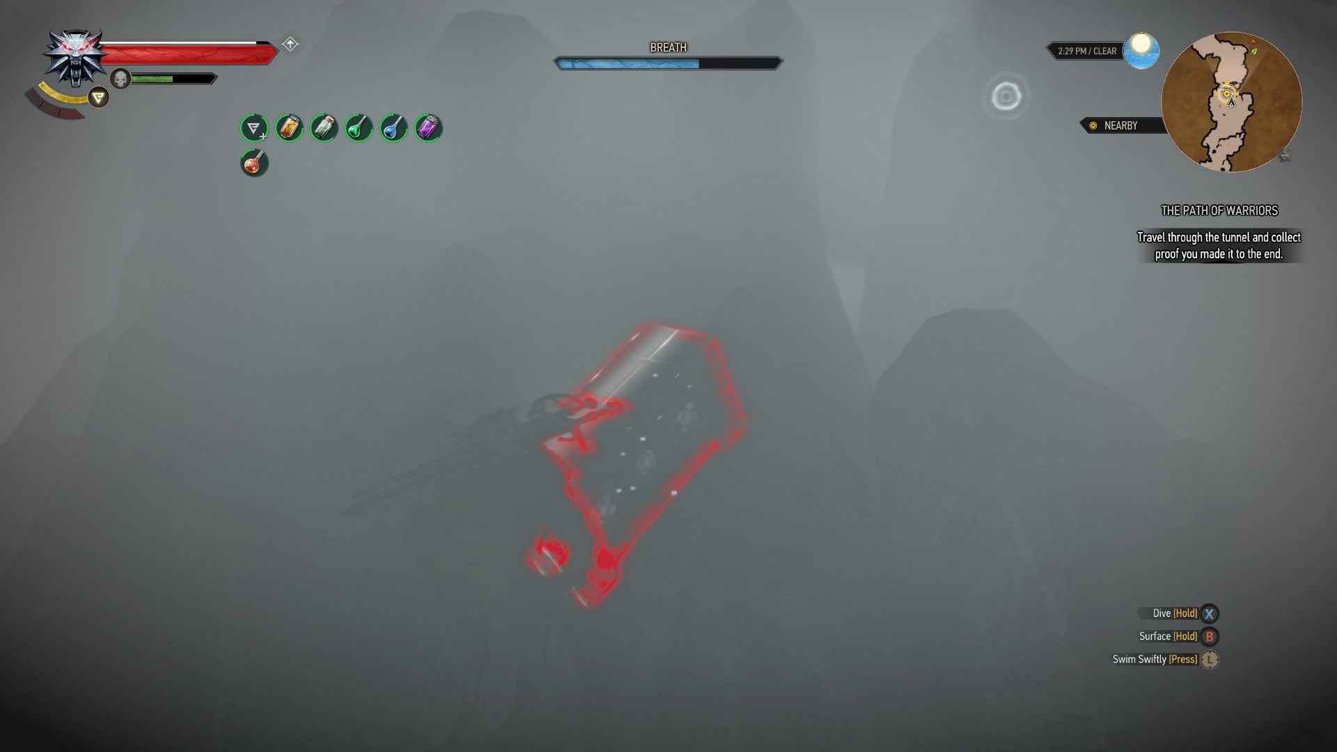 A screenshot of a submerged chest highlighted in red by Geralt's Witcher Senses.