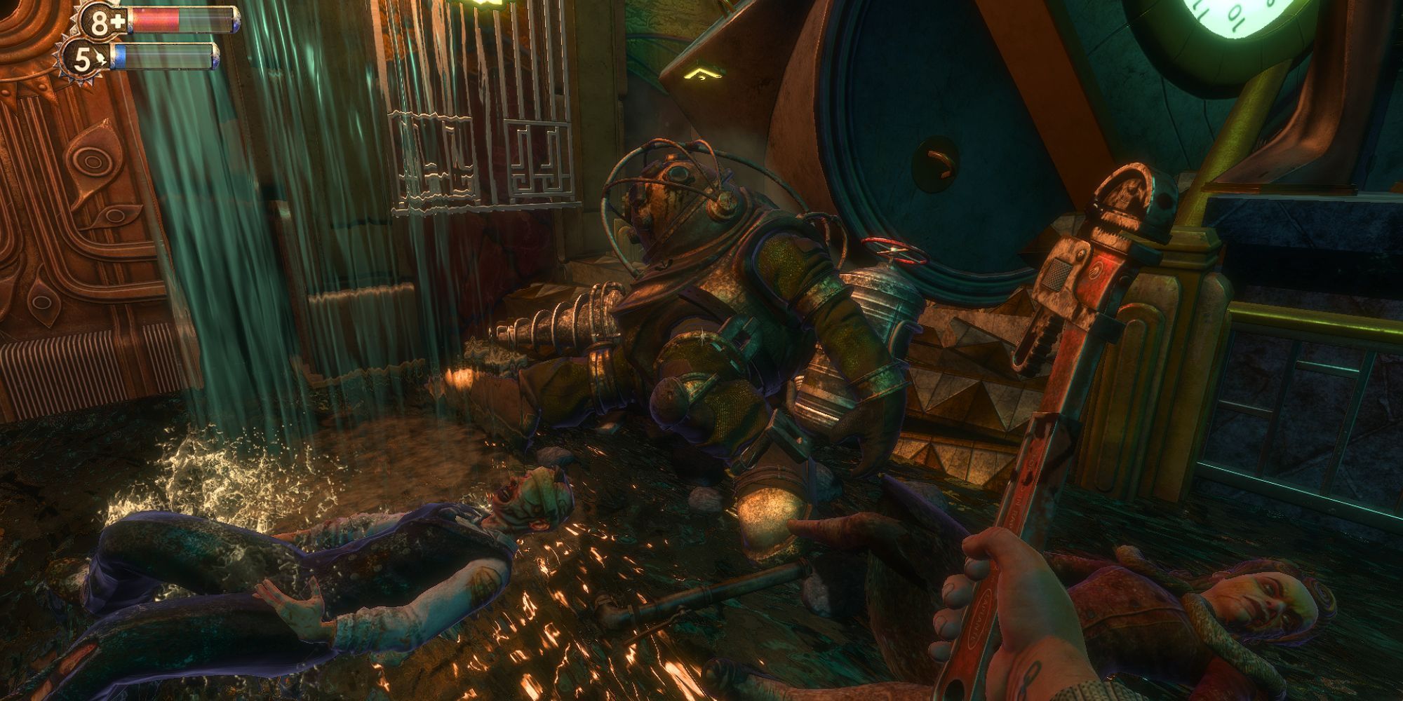 A fallen Big Daddy lies on the flooded floor along with some dead Splicers