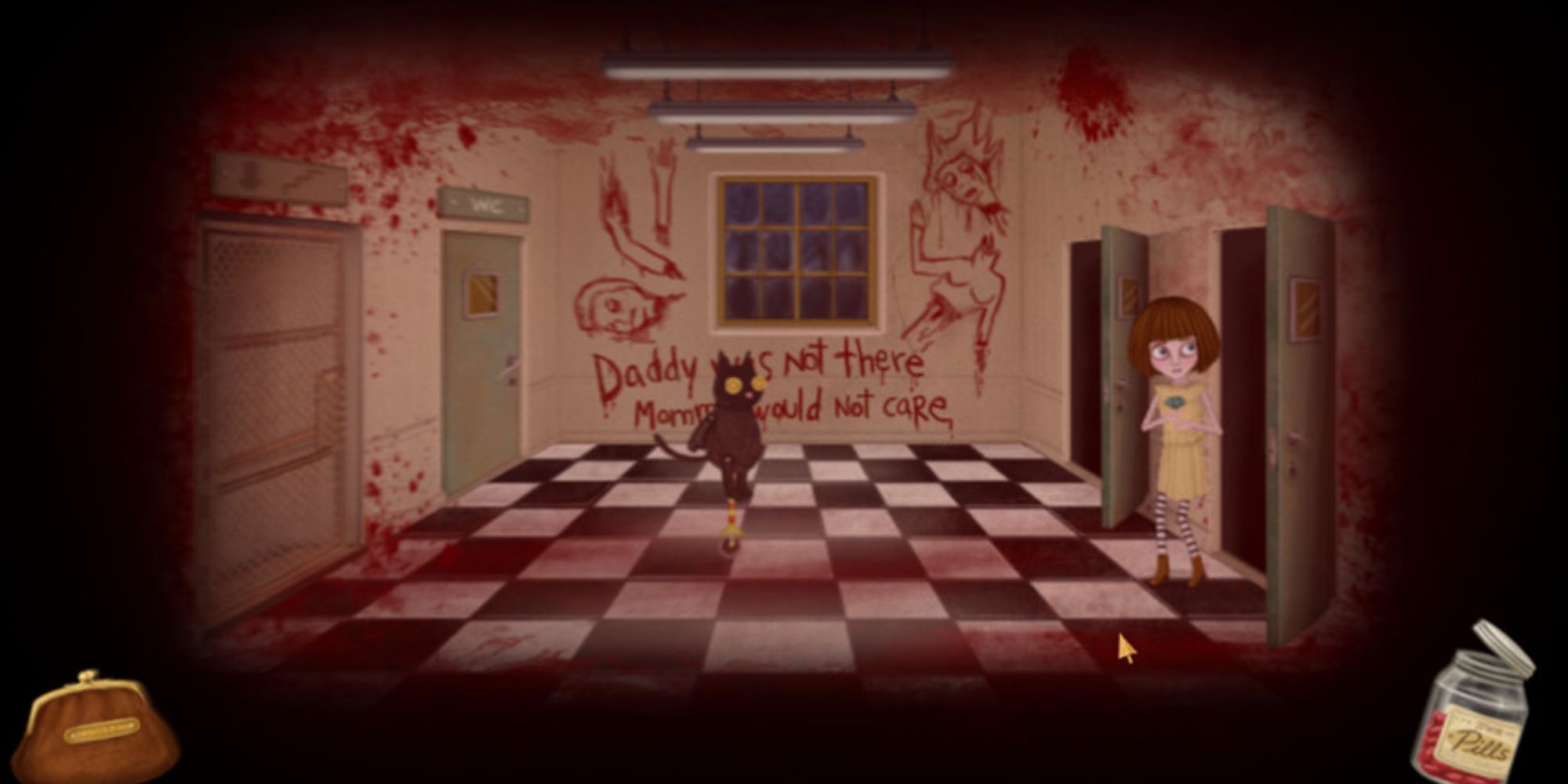 Fran  and Mr. Midnight are surrounded by blood-stained walls with grusome depictions of her parents