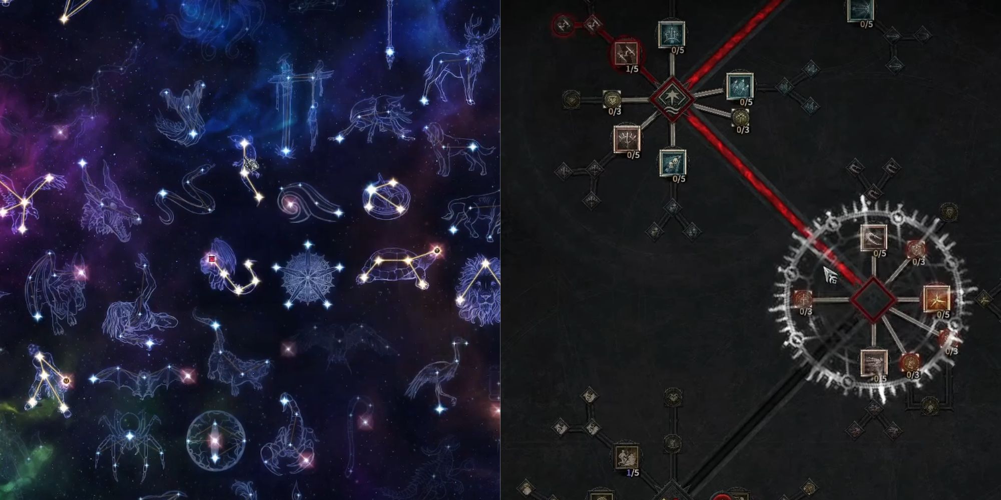 A split image of Grim Dawn's constellations and one of Diablo 4's skill trees.