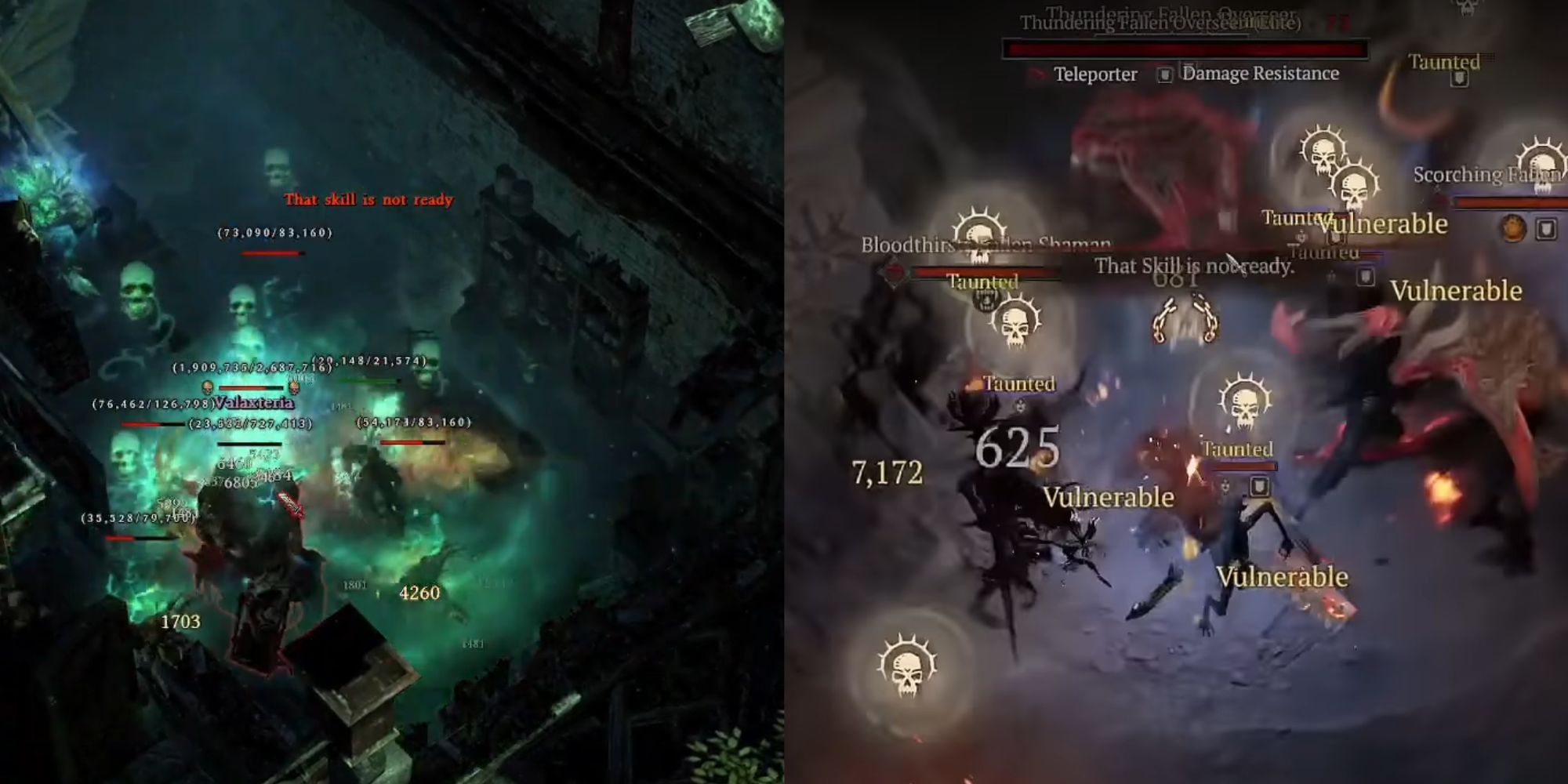 A split image of players from Grim Dawn and Diablo 4 fighting enemies in dungeons.