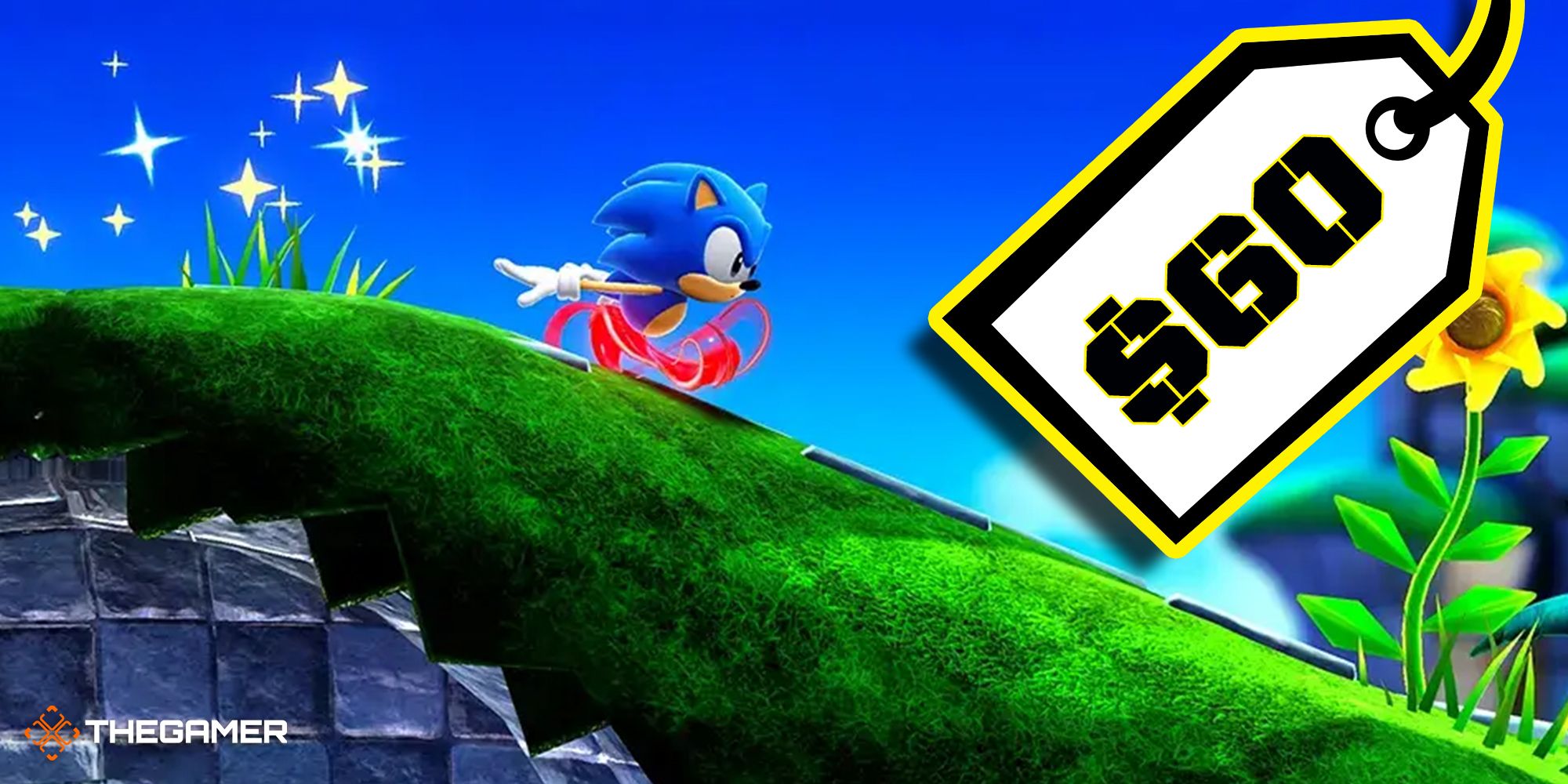 Sonic running through a bright level with a $60 price tag on the right