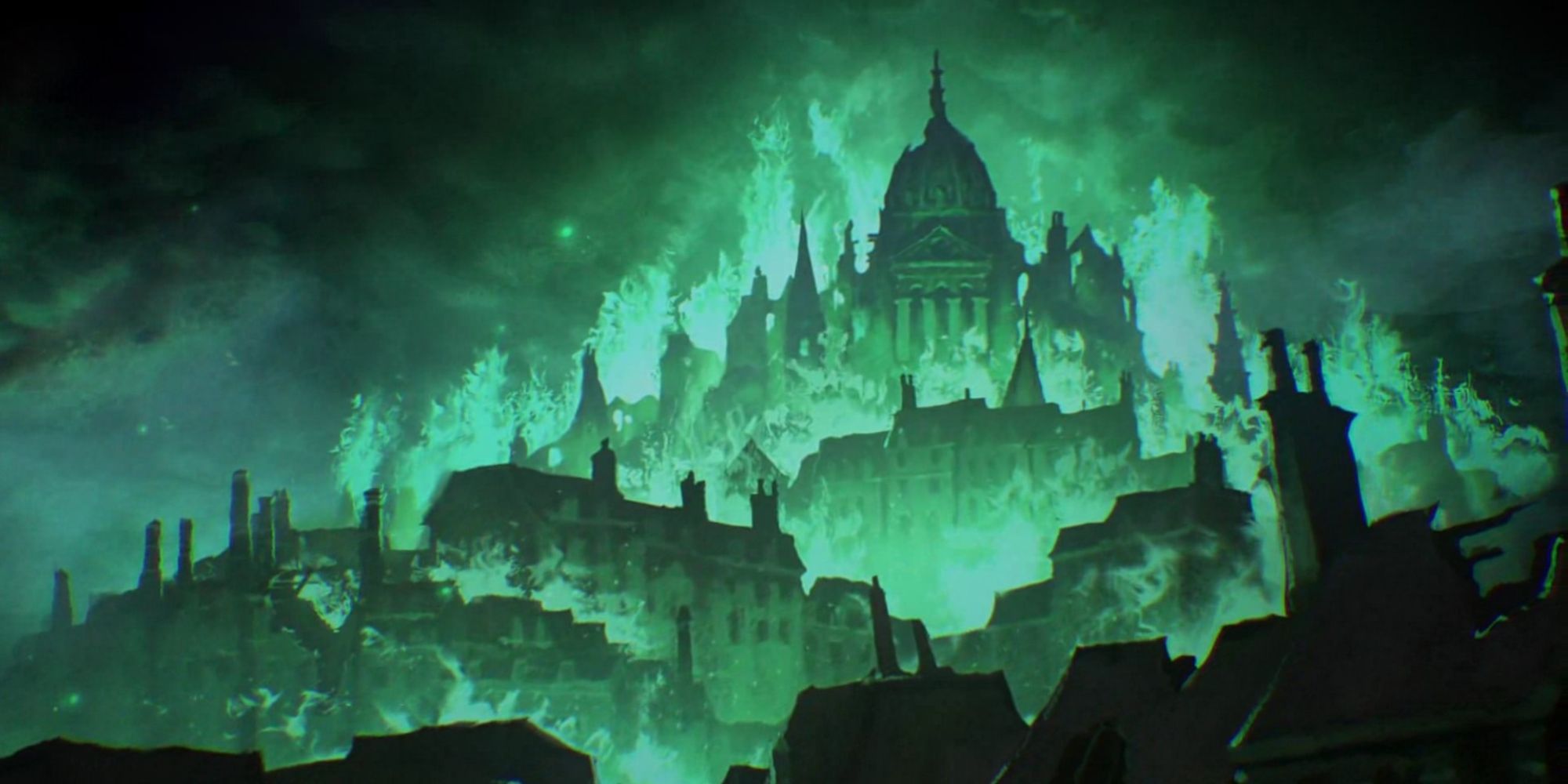 A flaming, dark and green cutscene of a burning city in Grim Dawn.