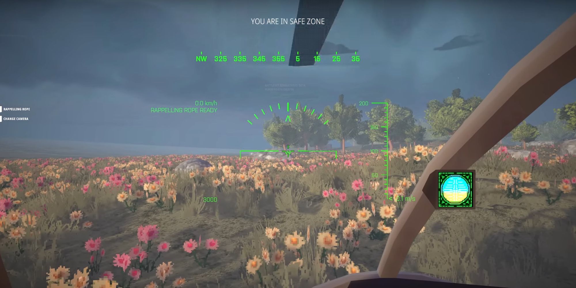 The green hud that a helicopter pilot sees in Battlebit Remastered.