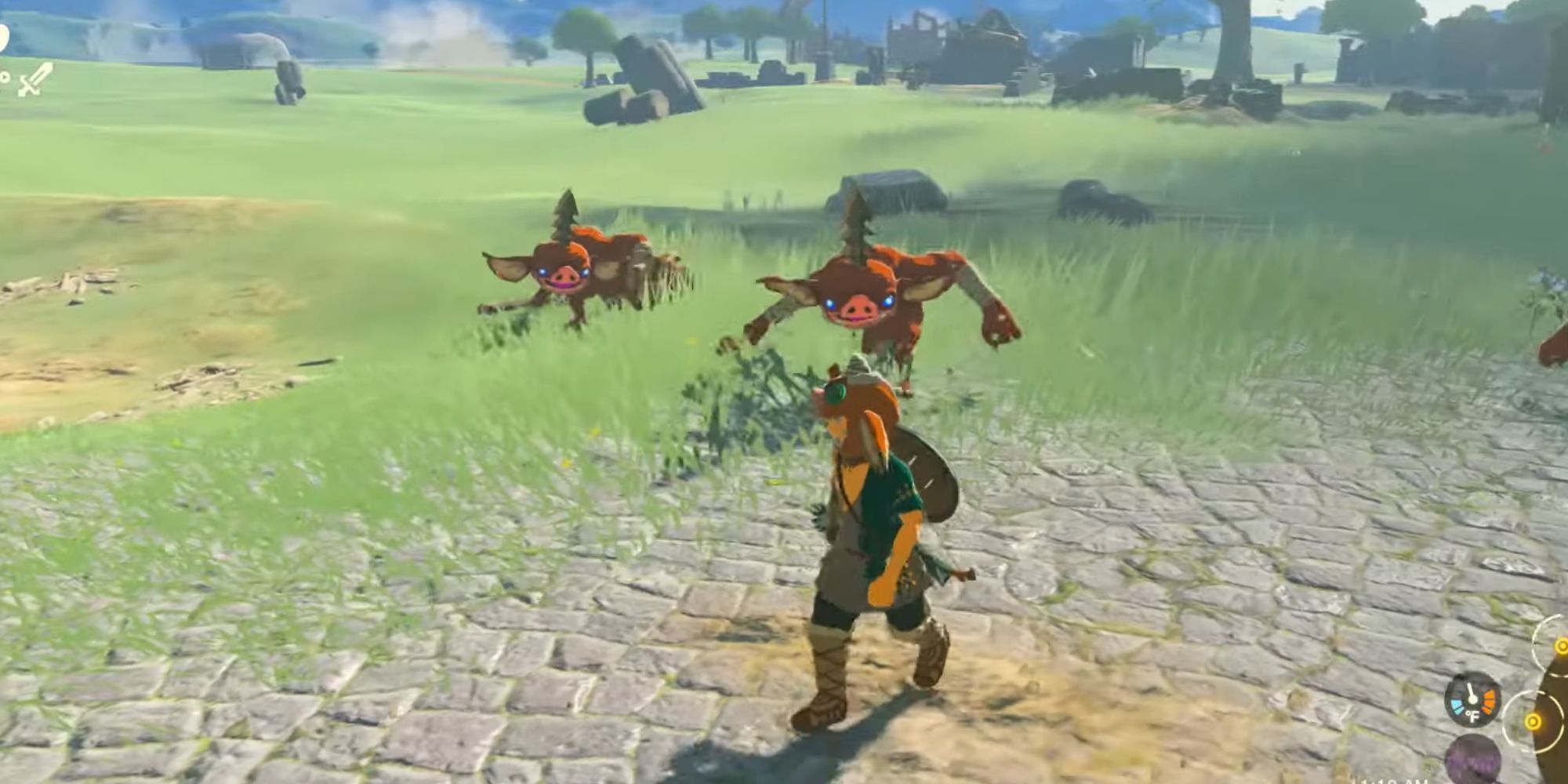 Bokoblins follow Link as he wears a Bokoblin Mask