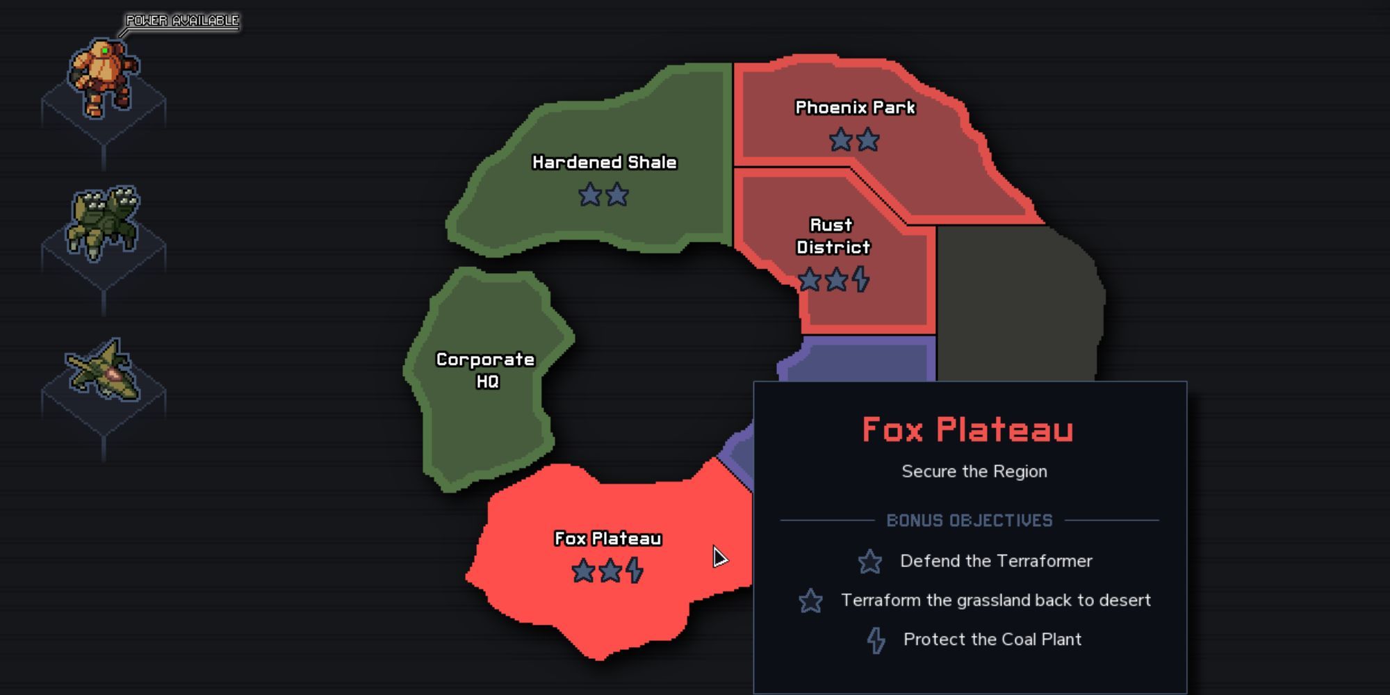 map overview of regions and objectives in Into The Breach